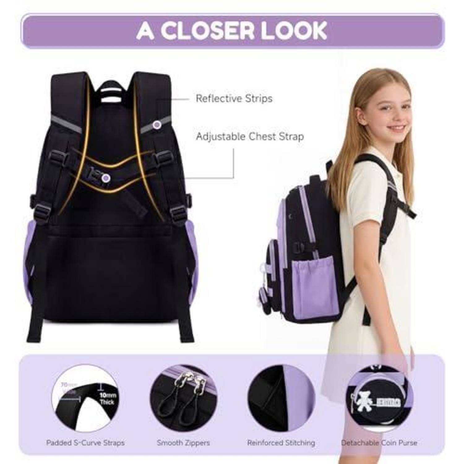 Rucksack-Produktbild mit Vorder- und Seitenansicht eines schwarz-violetten Schulrucksacks auf einem Mädchen, mit gekennzeichneten Funktionen: Reflektionsstreifen, verstellbarer Brustgurt, gepolsterte S-förmige Riemen, glatte Reißverschlüsse, verstärkte Nähte und abnehmbare Münzbörse.