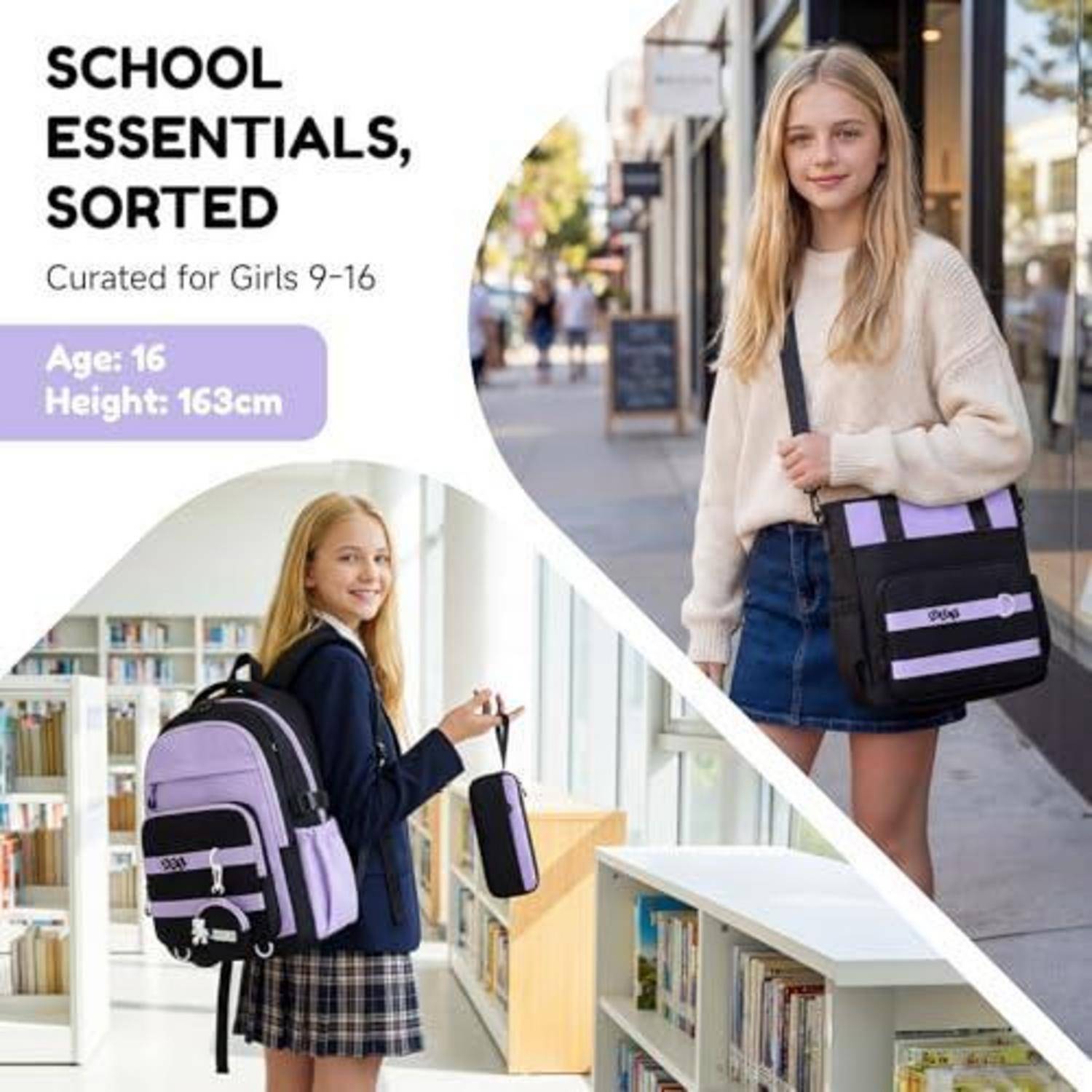 Promotionales Collage für „Schulessentials, sortiert" für Mädchen 9-16, das ein 16-jähriges, 163 cm großes Mädchen mit einer schwarz-violetten Schulrucksack und passendem Mäppchen zeigt.