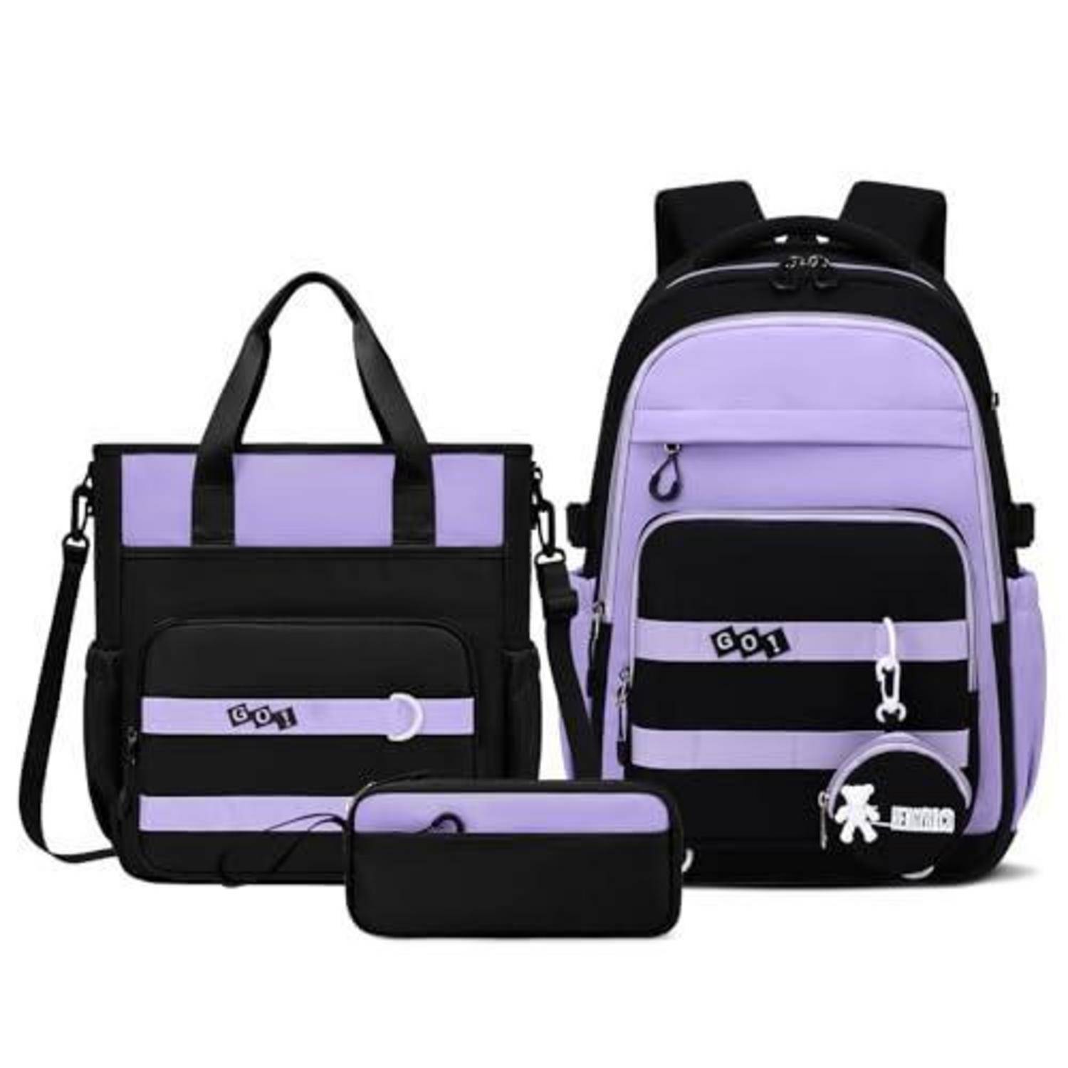 Schwarzes und lavendelfarbenes Rucksack-Set mit Tragetasche und Federmäppchen, mit mehreren Reißverschlusstaschen und Riemen auf weißem Hintergrund.