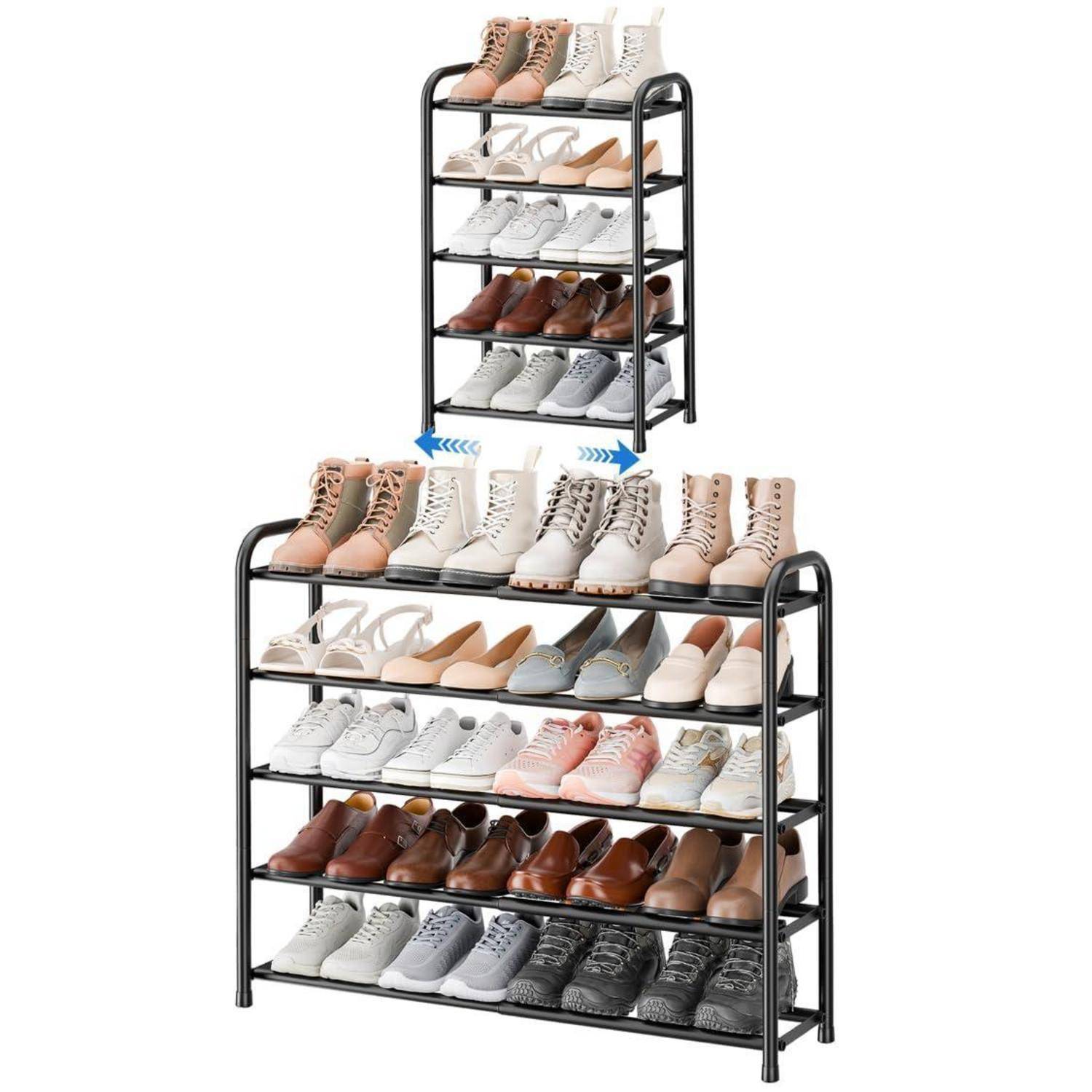 Ausziehbarer Schuhständer in kleiner und erweiterter Größe gezeigt, mit mehreren Regalen, die mehrere Paar Schuhe und Stiefel halten.