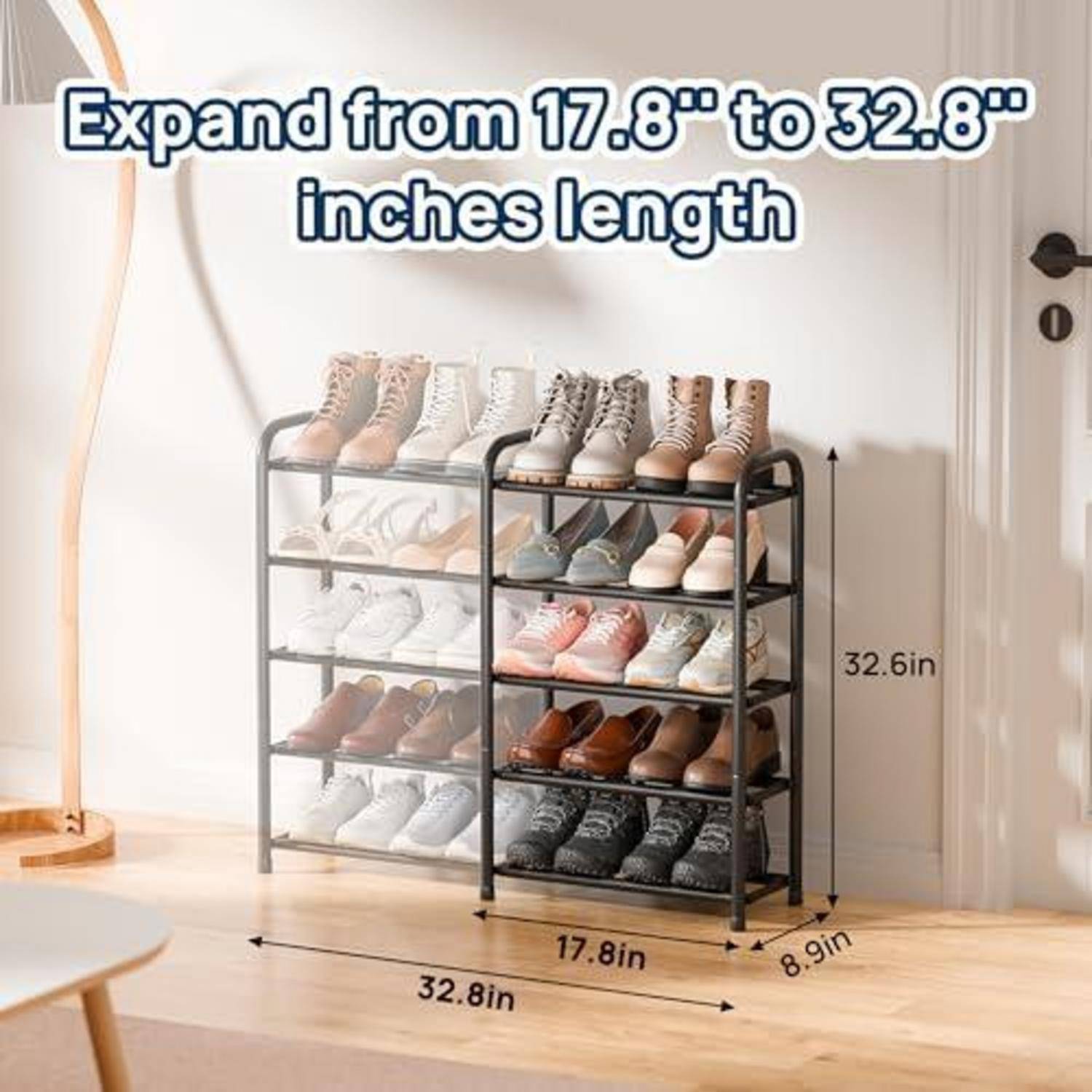 Ausziehbarer Schuhregal mit Platz für mehrere Schuhpaare, verstellbar von 17,8 bis 32,8 Zoll Länge, mit 32,6 Zoll Höhe und 8,9 Zoll Tiefe.