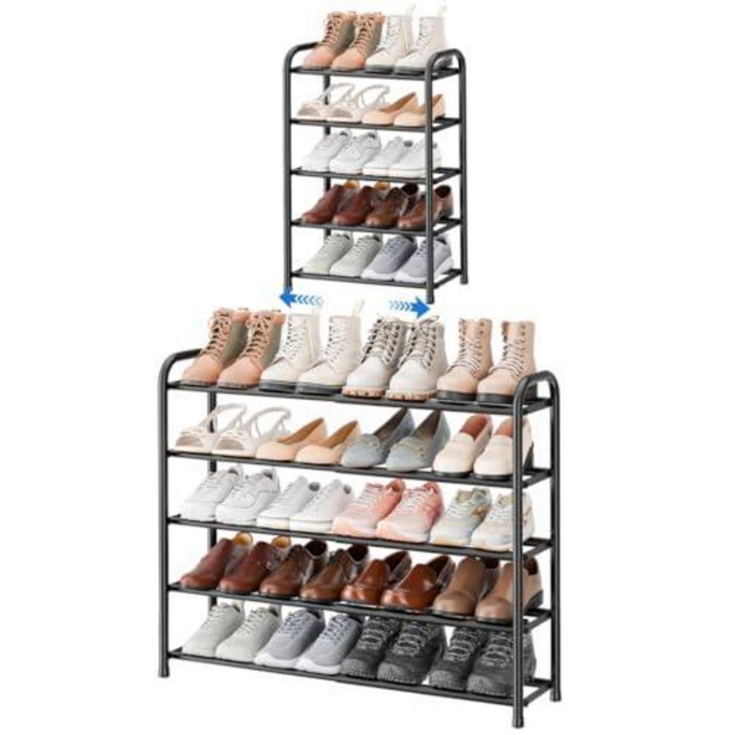 Erweiterbare Metallschuhregalfüße mit vier Ebenen, gezeigt in kompakter und verbreiterter Konfiguration, mit vielen Schuhpaaren.