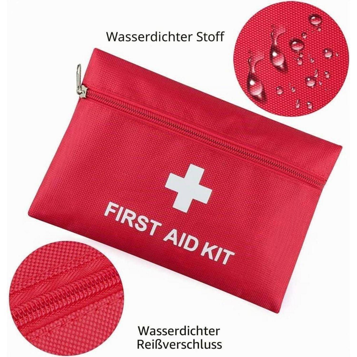 Rote, wasserdichte Erste-Hilfe-Tasche mit weißem Kreuz und „FIRST AID KIT"-Text, plus Nahaufnahmen, die das wasserabweisende Gewebe und den Reißverschluss hervorheben.