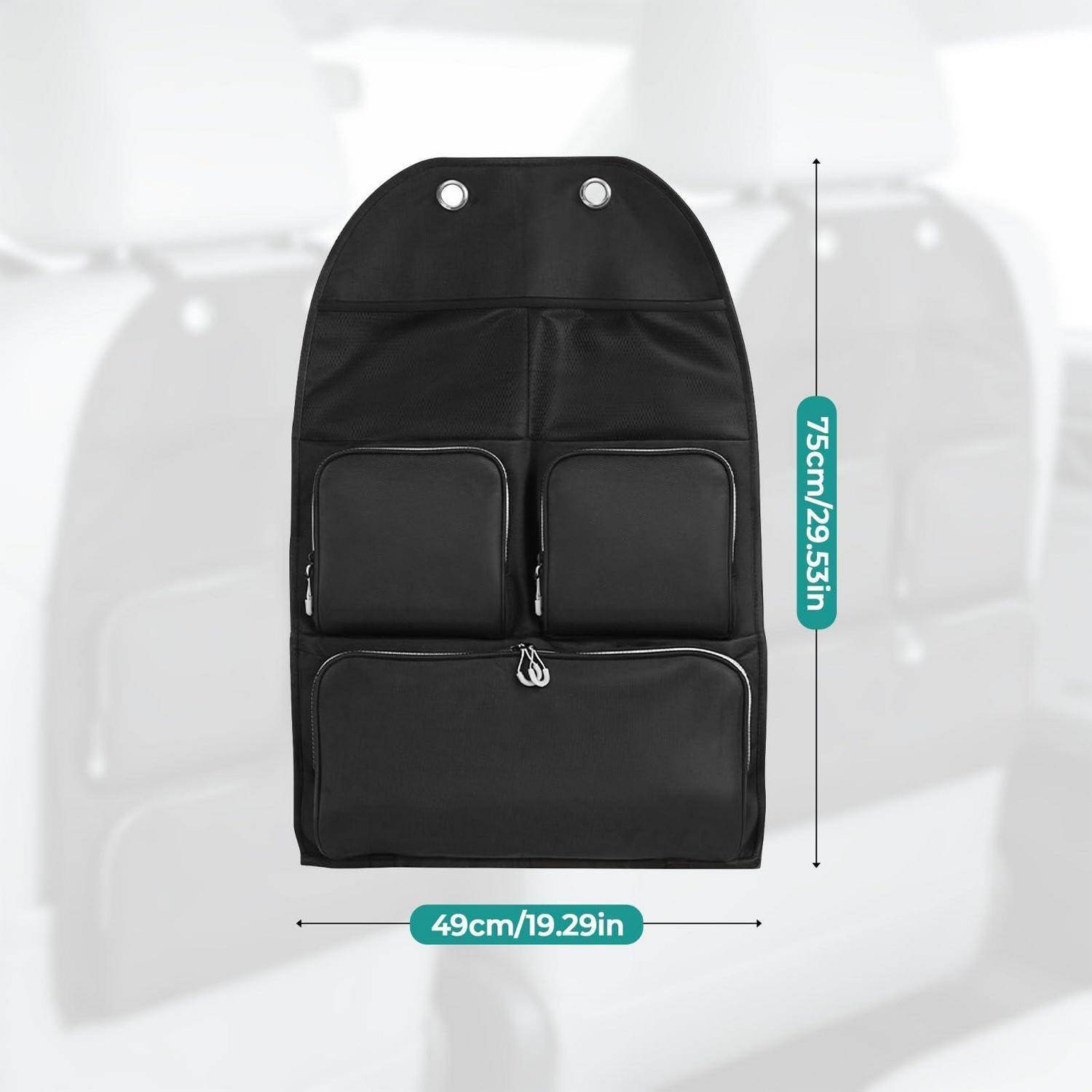Schwarzer Autositzorganizer für die Rückseite mit mehreren Taschen, gezeigt mit Abmessungen von 75 cm Höhe und 49 cm Breite.