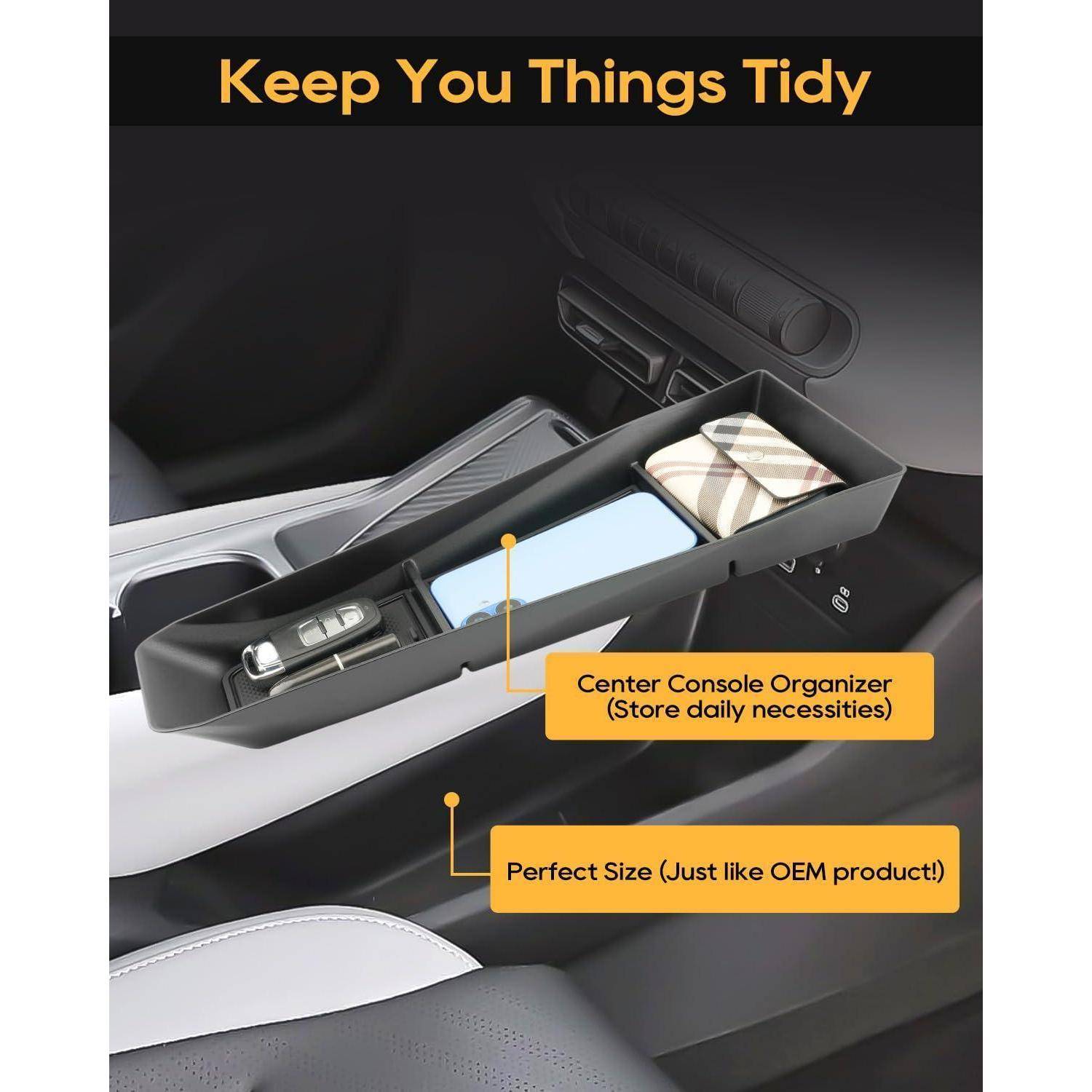Organizer-Tablett für die Mittelkonsole des Autos mit Platz für ein Telefon, Schlüssel und kleine Gegenstände, mit Text „Keep You Things Tidy" (Halte deine Sachen ordentlich) und „Center Console Organizer (Store daily necessities)"" (Mittelkonsolen-Organizer (Speichert tägliche Notwendigkeiten)).