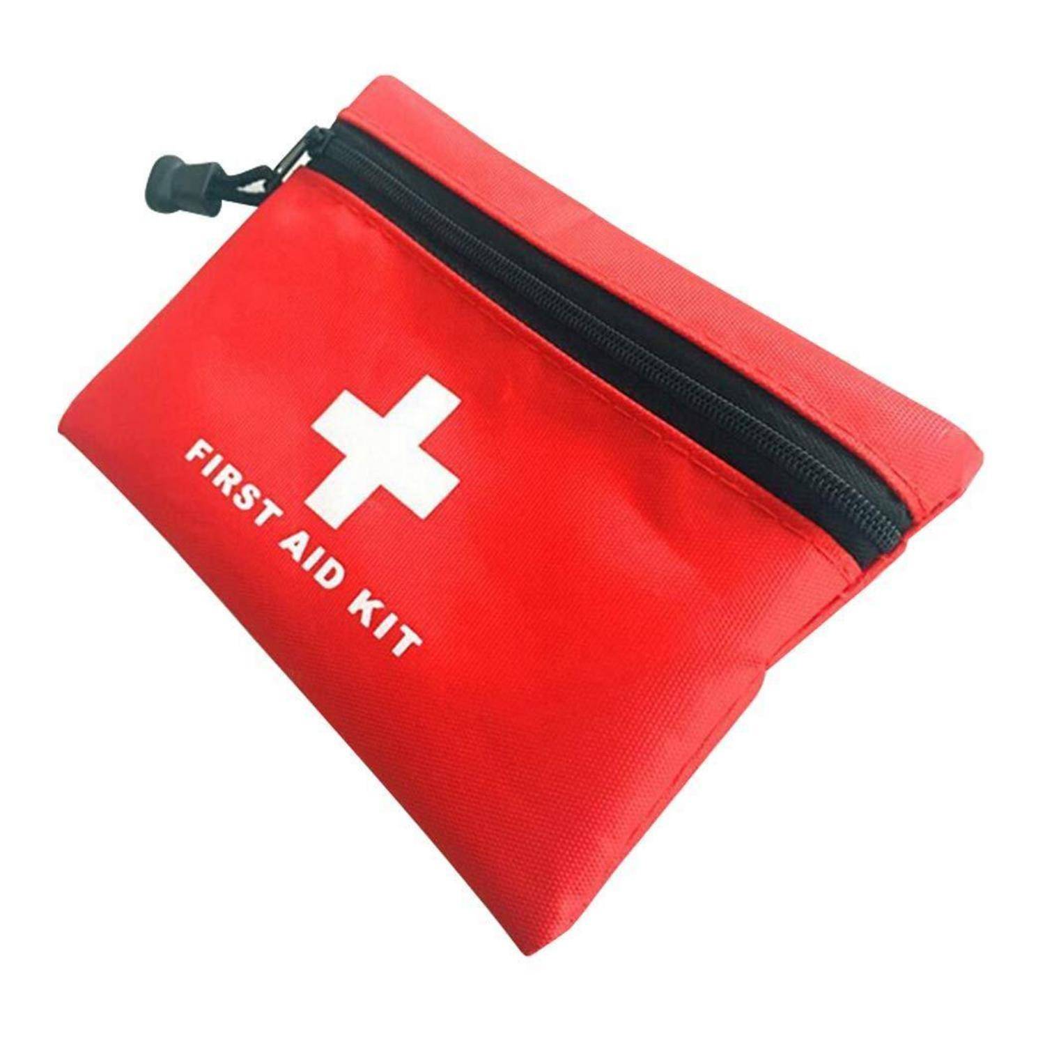 Rote Erste-Hilfe-Tasche mit weißem Kreuz und der Aufschrift „FIRST AID KIT
