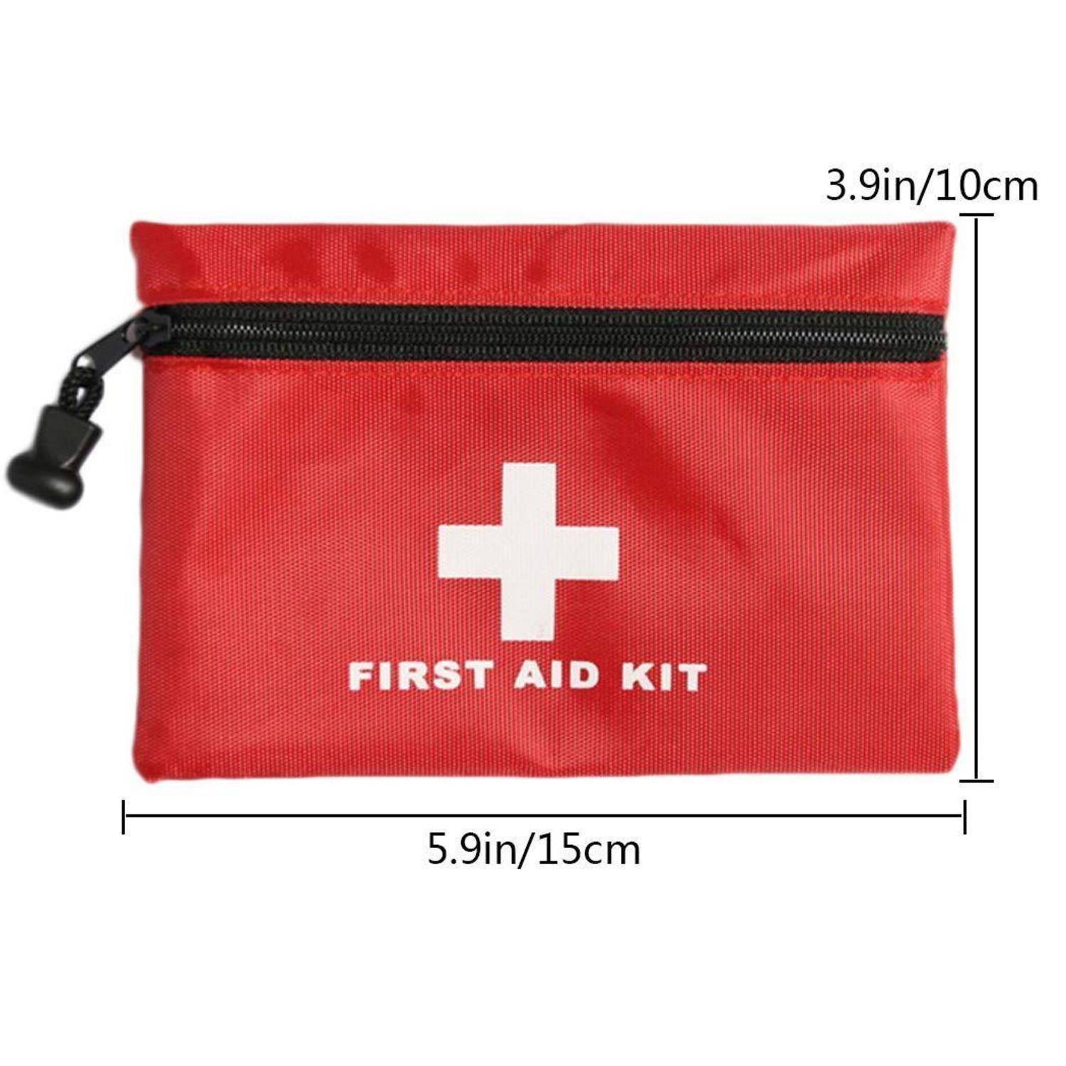 Rote Erste-Hilfe-Tasche mit Reißverschluss, weißem Kreuz und der Aufschrift „FIRST AID KIT", gezeigt mit den Abmessungen 5,9 x 3,9 Zoll (15 x 10 cm).