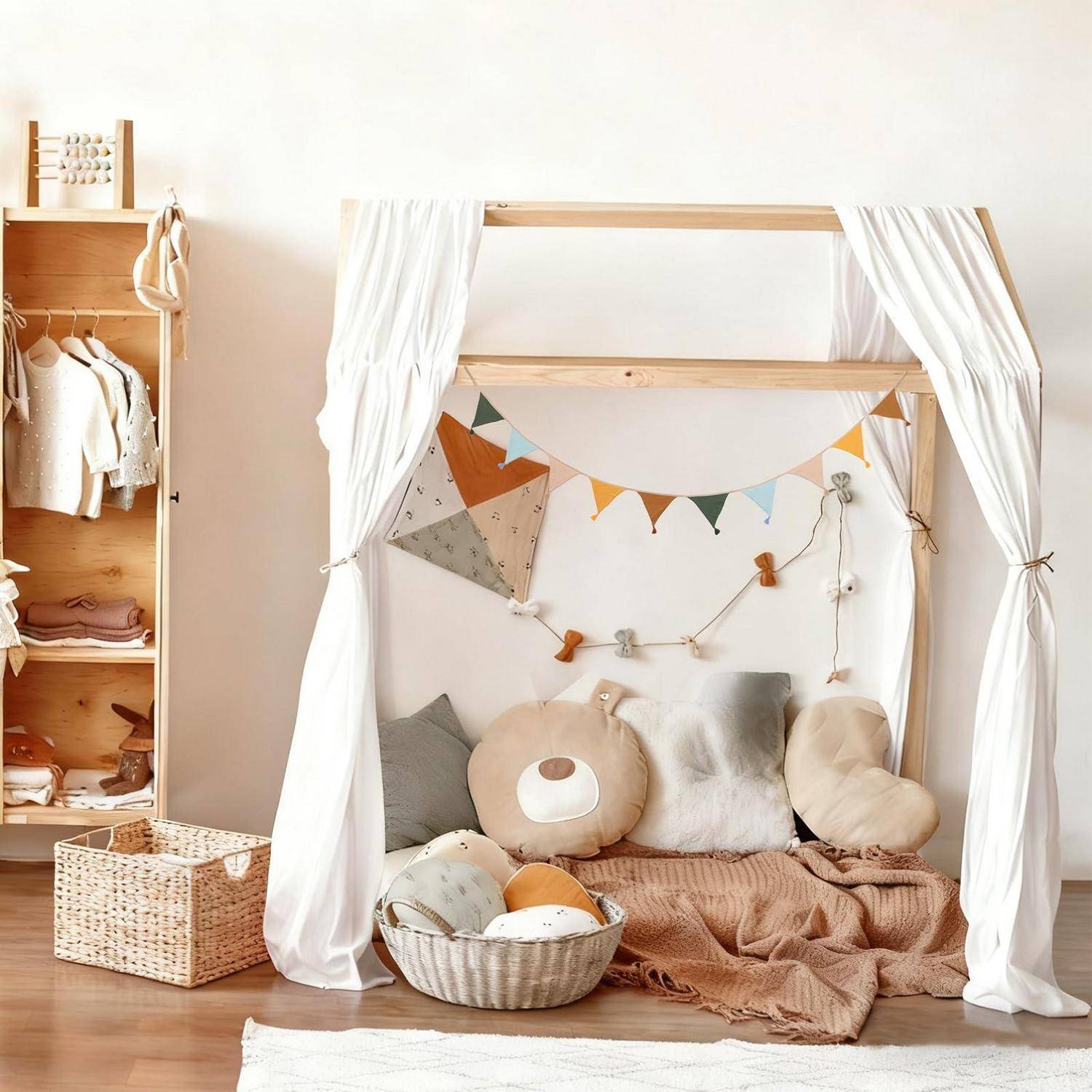 Spielecke für Kinder mit einem Holzbett mit Baldachin, drapiert mit weißen Vorhängen, Kissen und Decken, Wimpelkette an der Wand und einem Spielzeugkorb auf dem Boden.