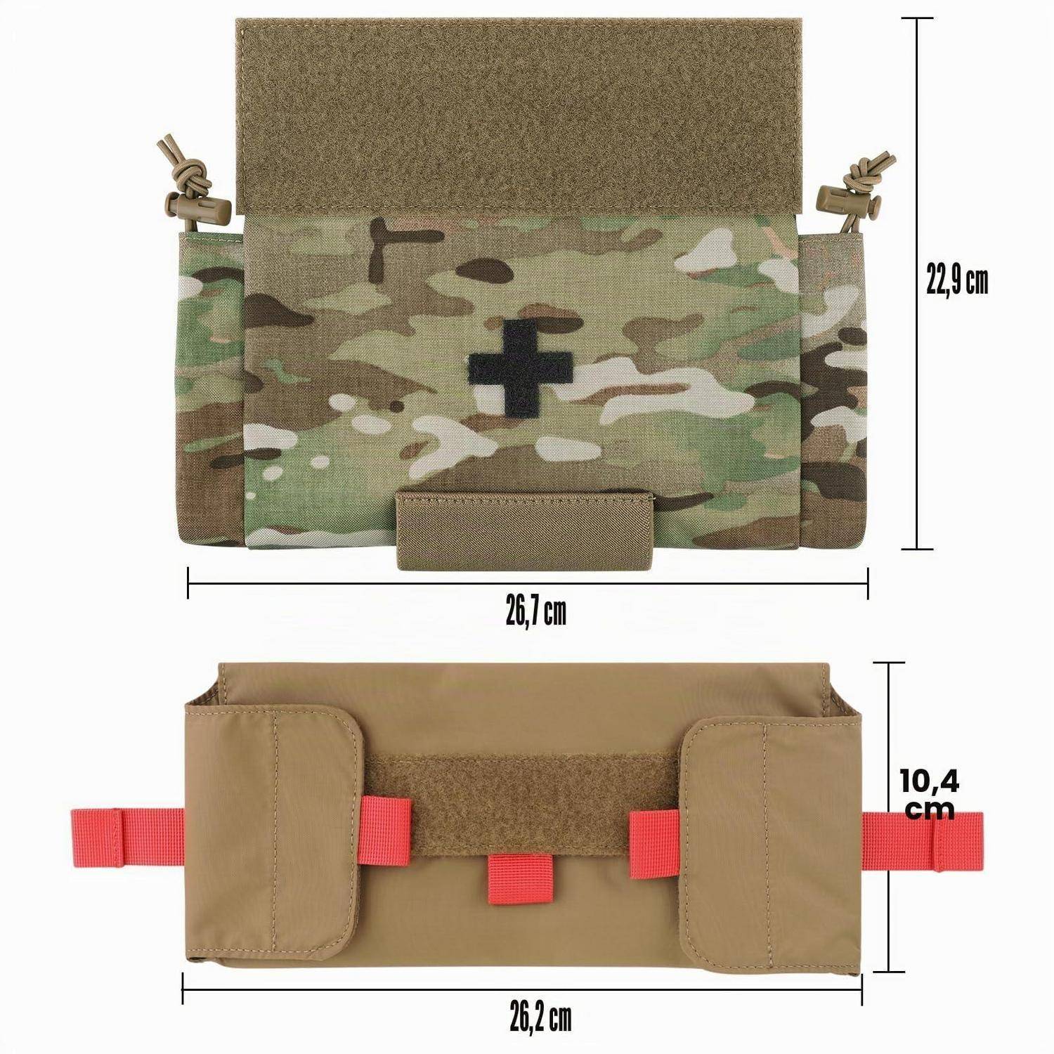 Zwei Ansichten einer Camouflage-Taktische Medizintasche mit schwarzem Kreuzfleck und rotem Riemen, mit Abmessungen von 26,7 x 22,9 cm und 26,2 x 10,4 cm.