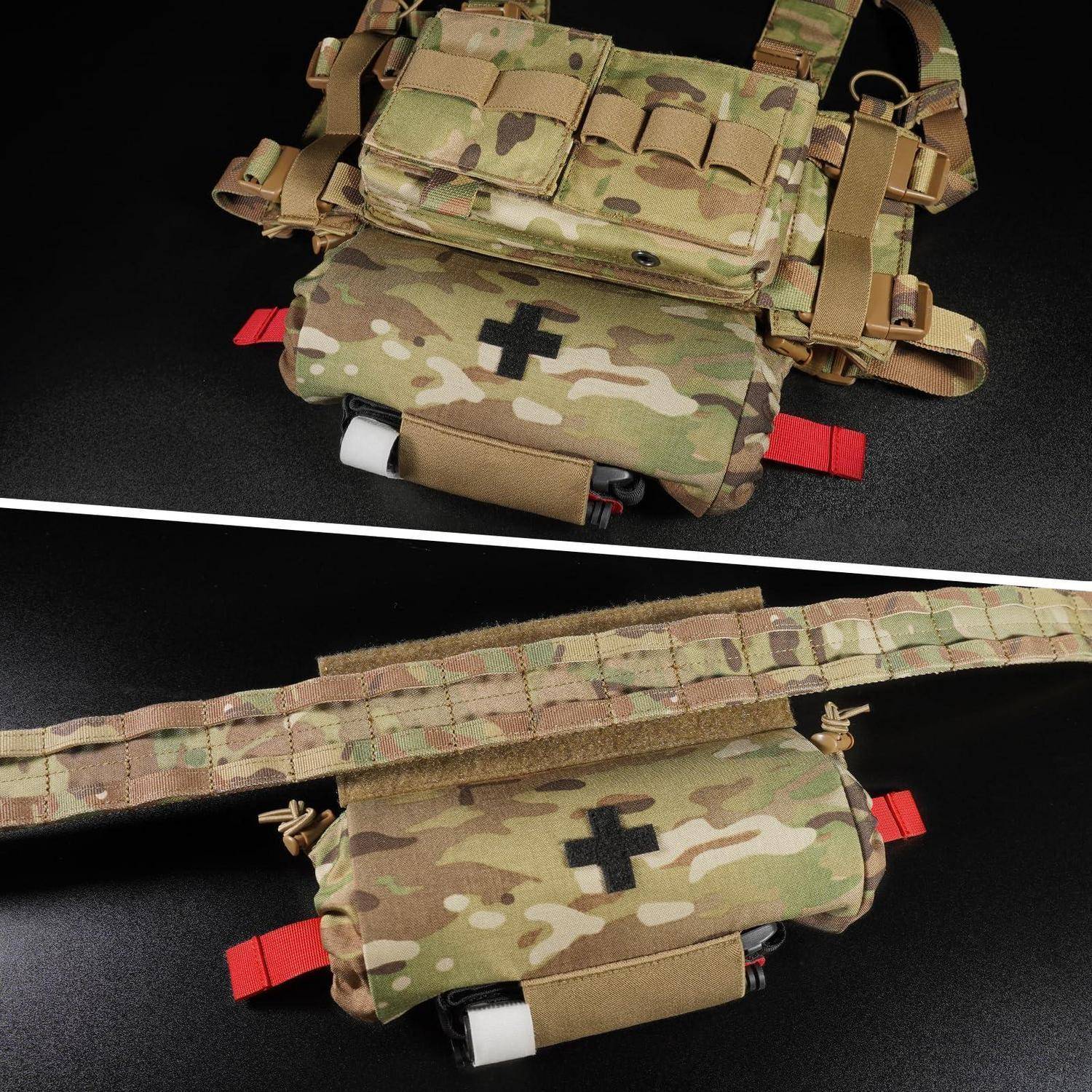 Taktische Camouflage-Medizintasche mit schwarzem Kreuz und roten Zugblättern, geschlossen und offen auf schwarzem Hintergrund dargestellt.