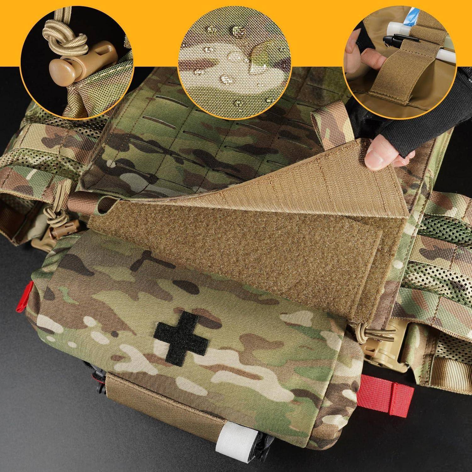 Taktische Camouflage-Medizintasche mit Klettverschluss-Klappe, geöffnet zur Darstellung des Inneren und der Verschlussdetails, mit Nahaufnahmen der Verschlüsse und Befestigungen.