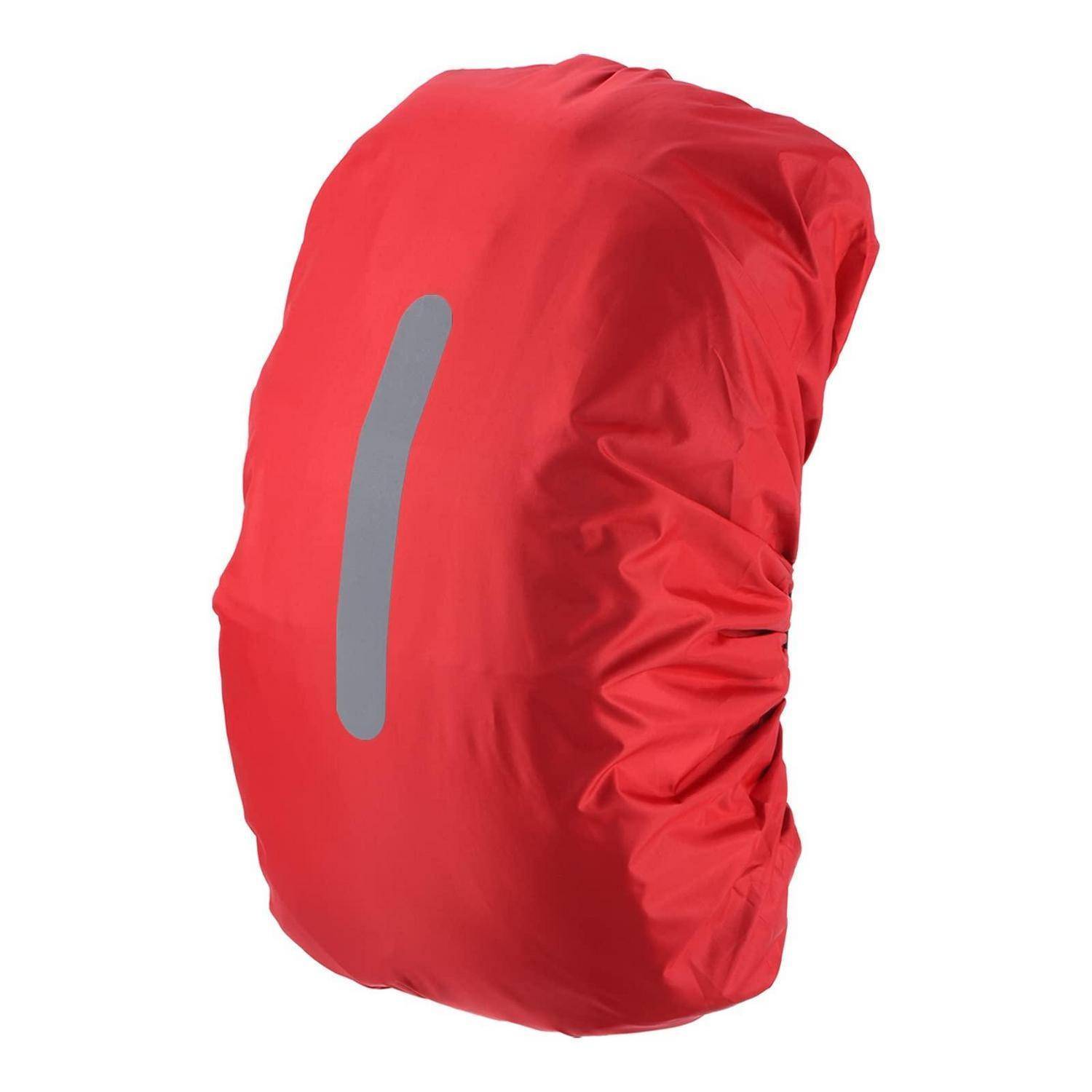 Roter Rucksackregenschutz mit reflektivem vertikalen Streifen, vor weißem Hintergrund dargestellt.