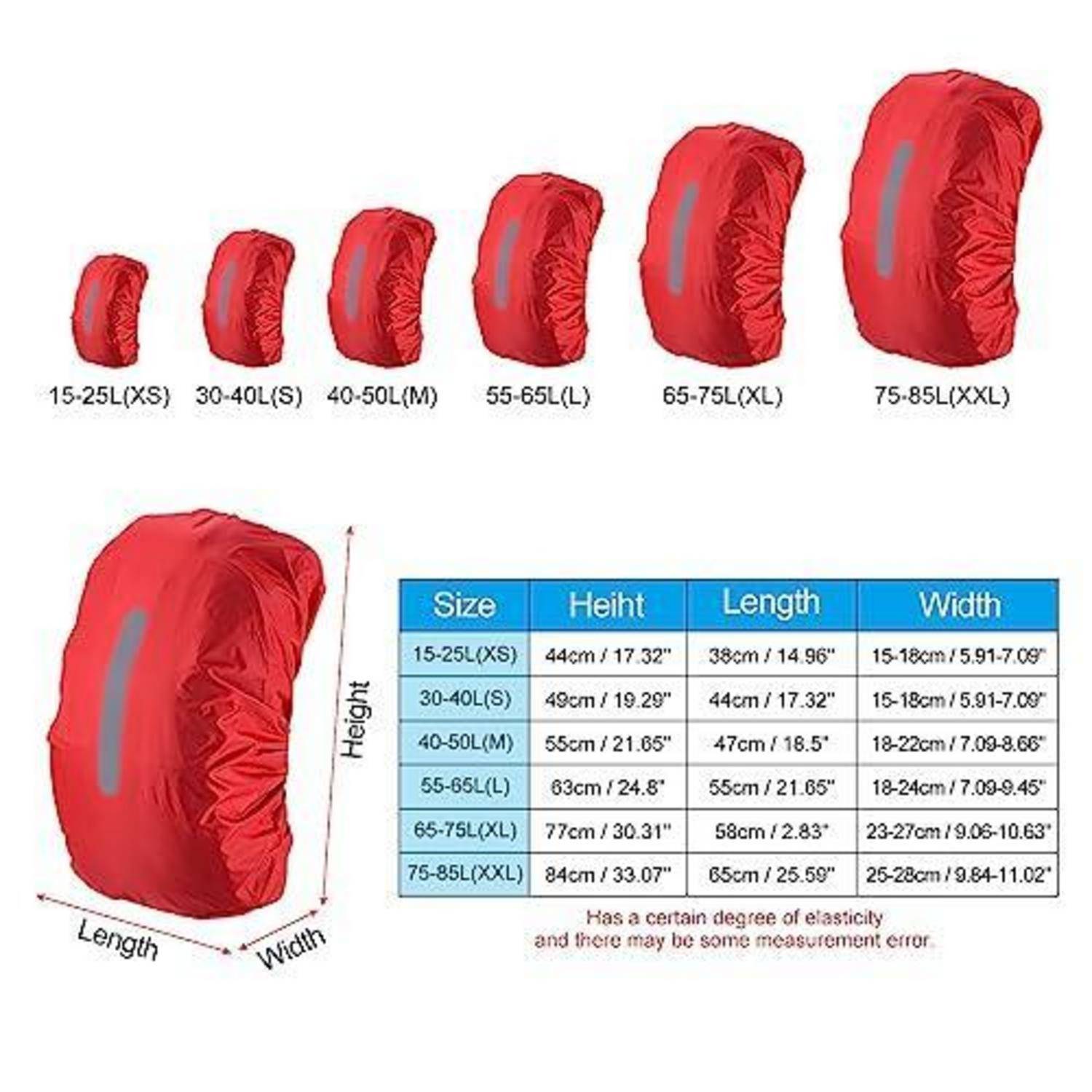Diagramm mit Rucksack-Regenschutzhüllen in den Größen 15-25L bis 75-85L, mit einer Tabelle, die Höhe, Länge und Breite angibt.