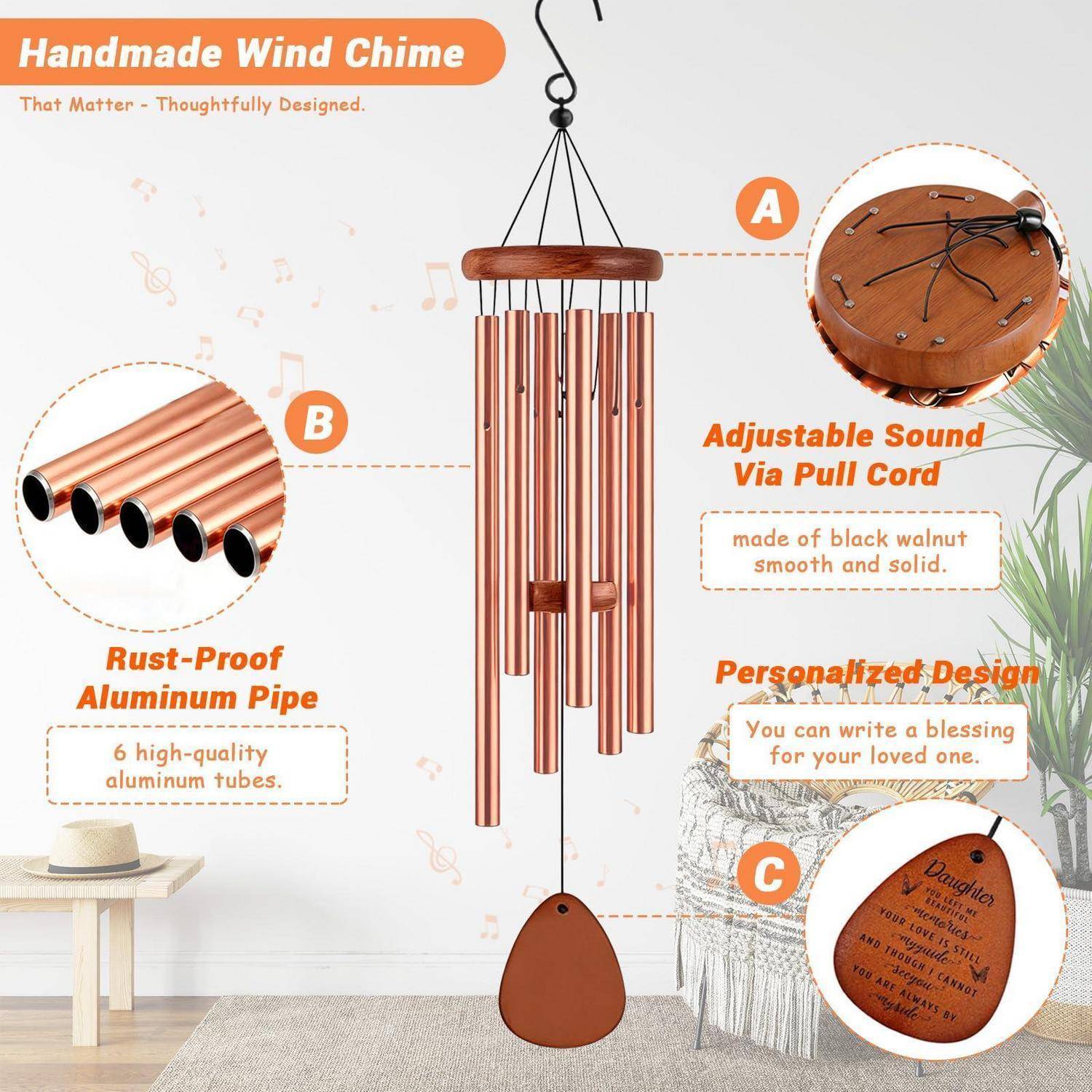 Infografik eines handgefertigten Windklangspiels mit einstellbarem Klang durch Zugschnur, rostfreien Aluminiumbaugruppen und personalisierten gravierten Holzteilen.