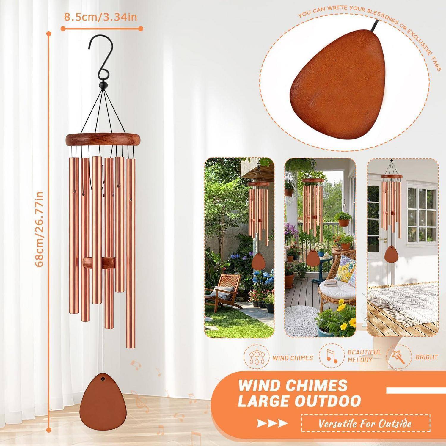 Kupferfarbene Windspiele im Freien mit Tropfenförmigem Segel, dargestellt hängend in Innenräumen und in Patio-Garteneinstellungen; beschriftet mit „WINDSPIELE GROSSE AUSSENVERSION".