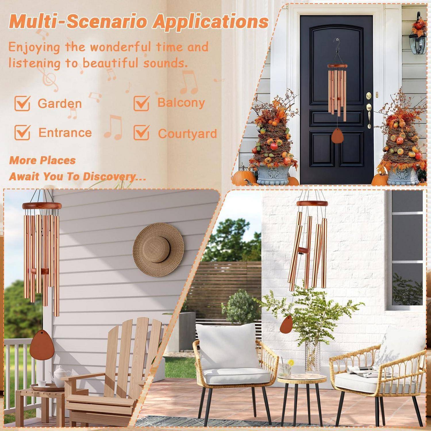 Collage zeigt ein Kupfer-Windspiel, das in Garten-, Balkon-, Eingangs- und Hofeinstellungen verwendet wird, mit Text „Multi-Szenario-Anwendungen" und Häkchen.
