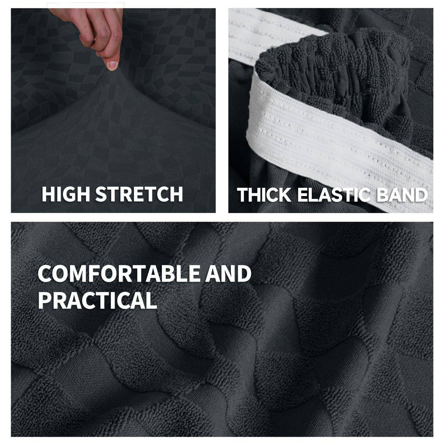 Nahaufnahme-Produktcollage aus schwarzem strukturiertem Stoff mit hoher Elastizität, einem dicken elastischen Band und den Worten „KOMFORTABEL UND PRAKTISCH
