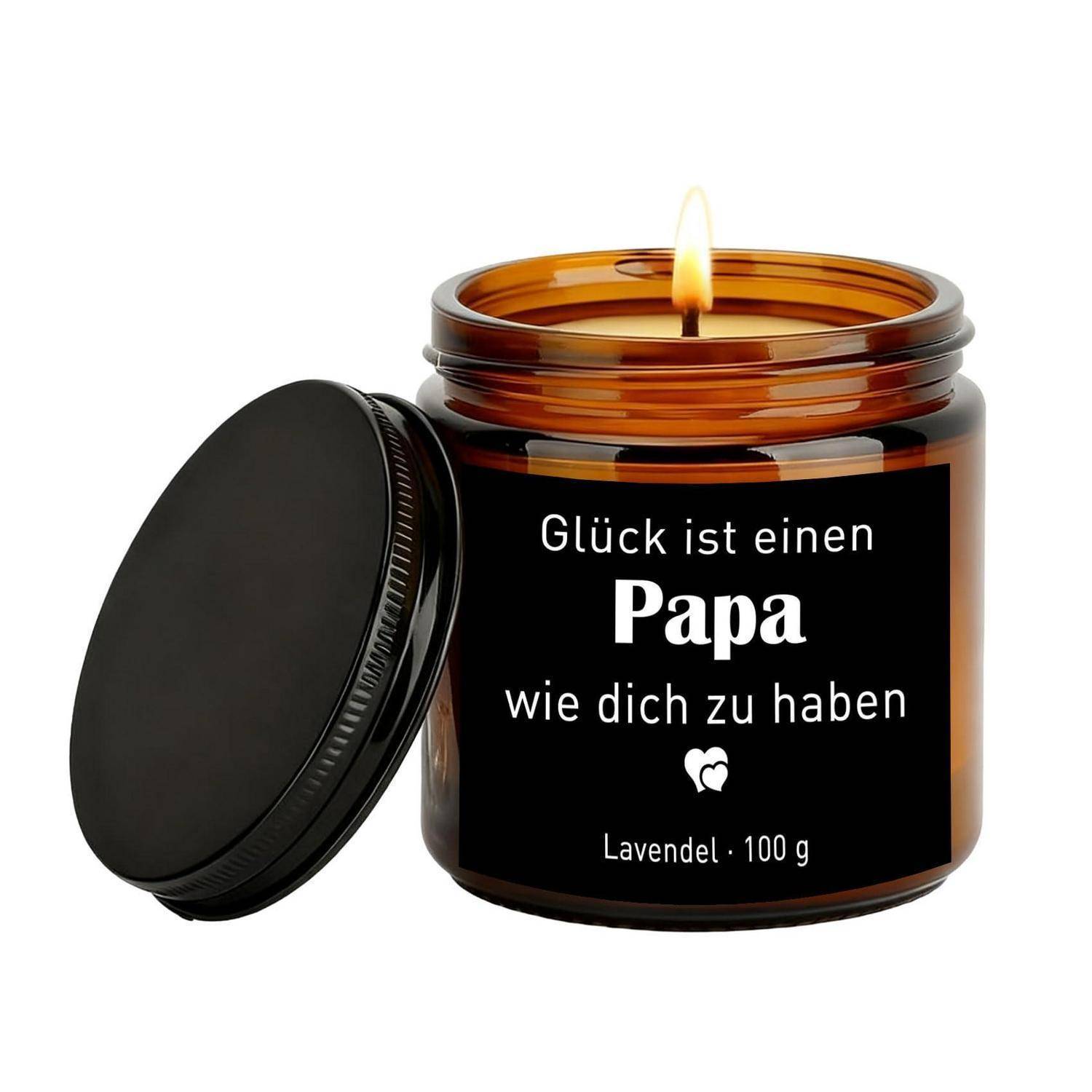 Bernsteinfarbenes Kerzenglas mit Deckel, beschriftet mit „Glück ist einen Papa wie dich zu haben