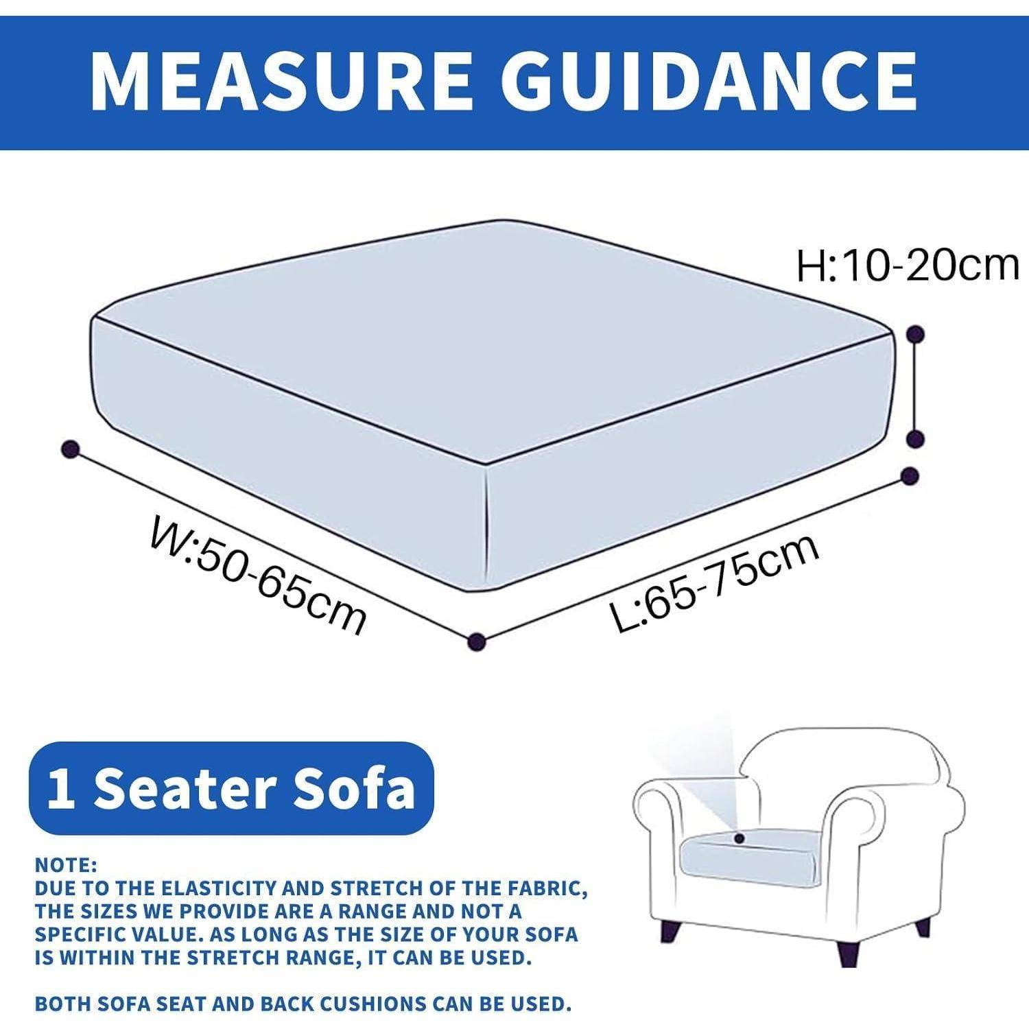 Diagramm mit Messleitfaden für ein Sofakissen im 1er-Format: Breite 50-65 cm, Länge 65-75 cm, Höhe 10-20 cm, mit dem Hinweis, dass der Dehnstoff in dieser Größenspanne für beide Sitz- und Rückenlehnen-Kissen verwendet werden kann.