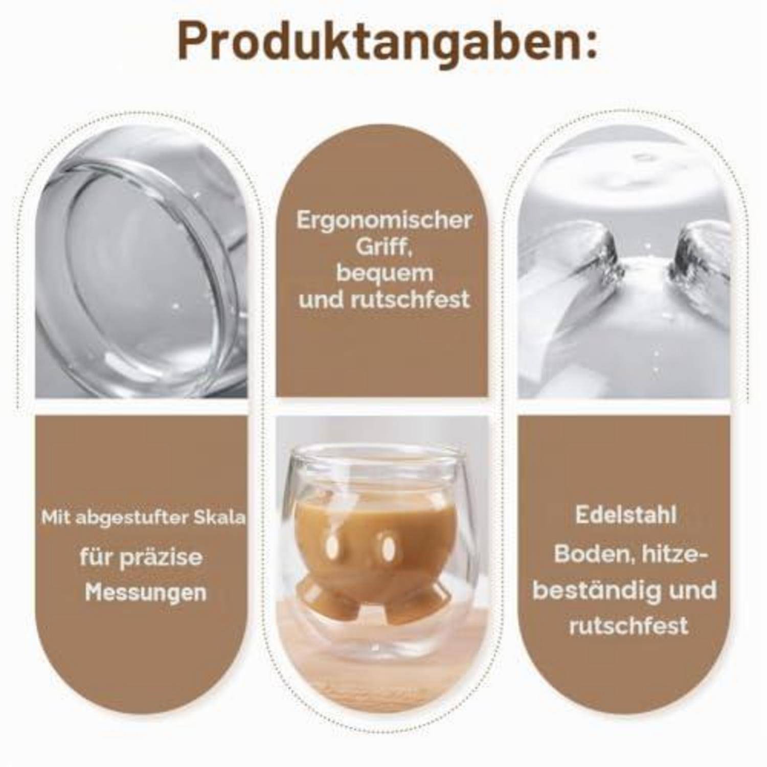 Ergonomischer rutschfester Griff, Messskala für genaue Abmessungen, Edelstahl-Wärmeschutzbase mit rutschfester Unterseite.