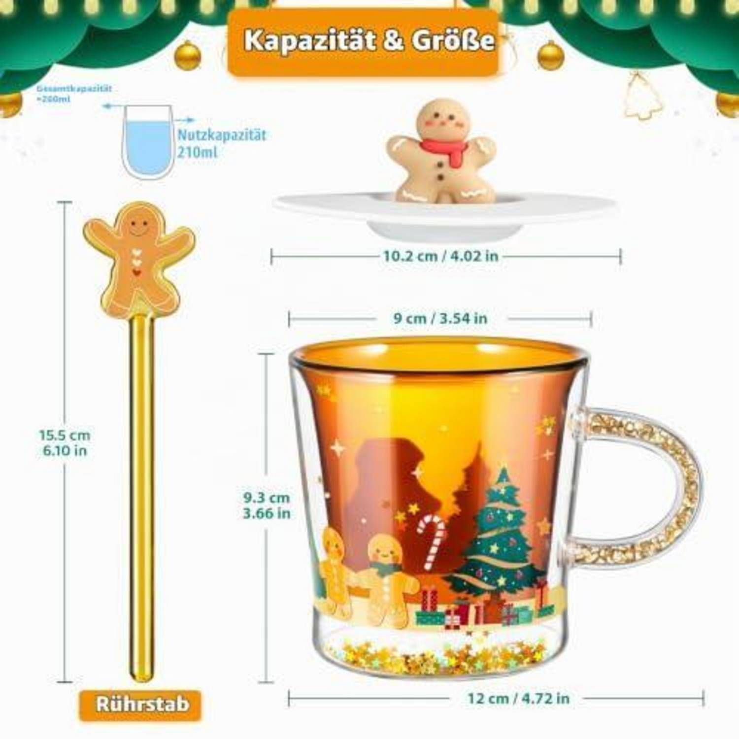 Weihnachts-Motive Tassen-Größen-Infografik mit Kapazität und Abmessungen: Nutzbares Volumen 210 ml; Tasse misst 9 cm breit, 12 cm über den Boden, 9,3 cm hoch; Löffel/Rührer ist 15,5 cm lang.