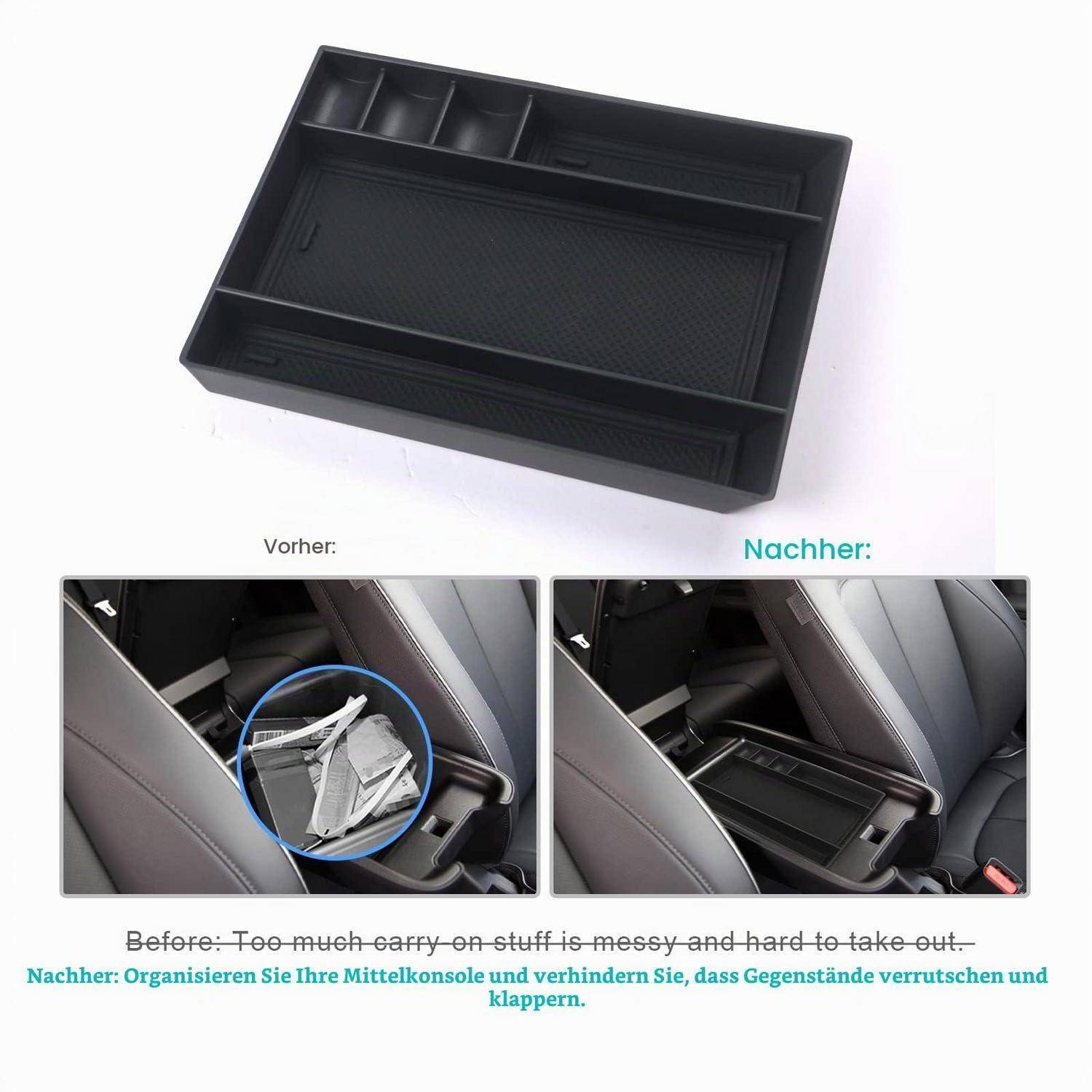 Schwarzes Mittelkonsolen-Organizer-Tablett mit Fächern; Vorher-und-Nachher-Autofotos zeigen unordentlichen Stauraum, der durch ein ordentliches, passendes Tablett ersetzt wird.