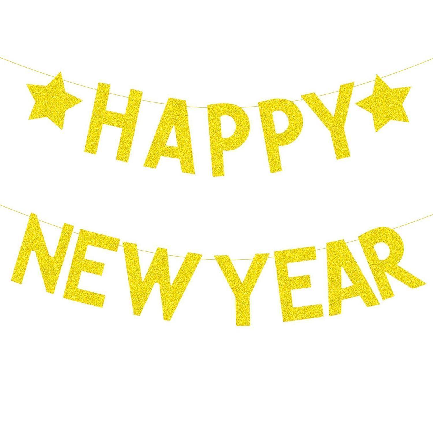 Gelbes Glitter-Banner mit der Aufschrift „HAPPY