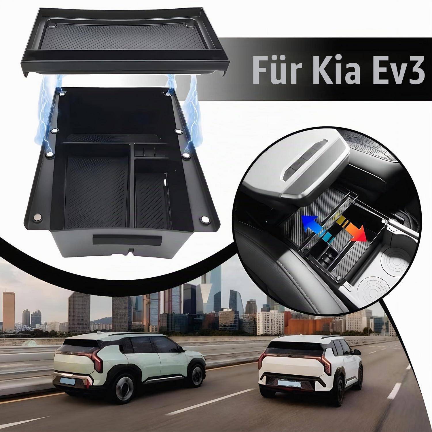 Organizer für die Innenausstattung des Autos für Kia EV3, gezeigt offen mit verstellbarem Sitz in der Mittelkonsole und im Auto installiert.