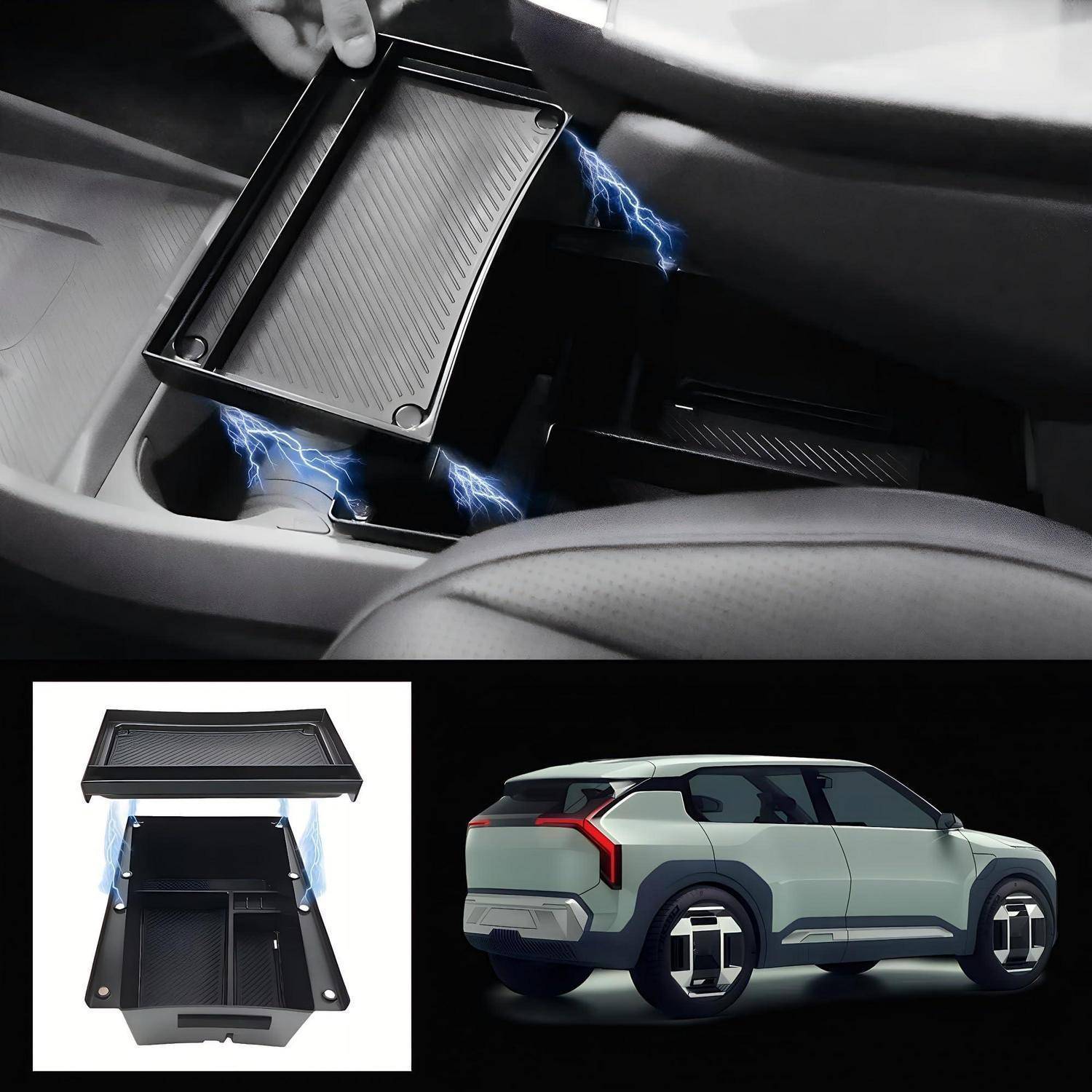 Aufbewahrungsbox für die Mittelkonsole des Autos mit elektrisch-blauer Beleuchtungseffekt, gezeigt in der Anwendung und als Produktrender neben einem grauen SUV.