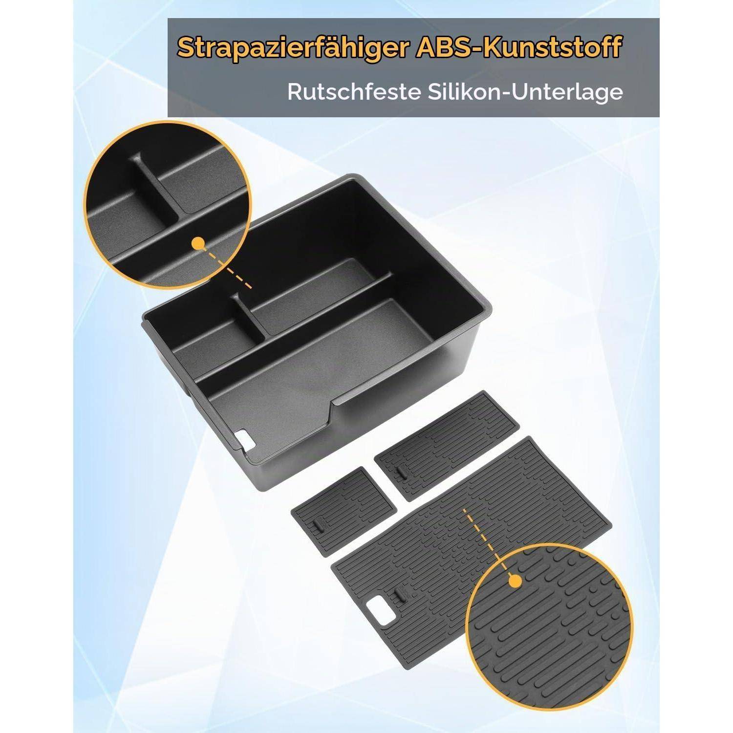 Lagerfach mit rutschfester Silikonunterlage, dargestellt mit eingefügten Nahaufnahmen; deutscher Text lautet „Strapazierfähiger ABS-Kunststoff