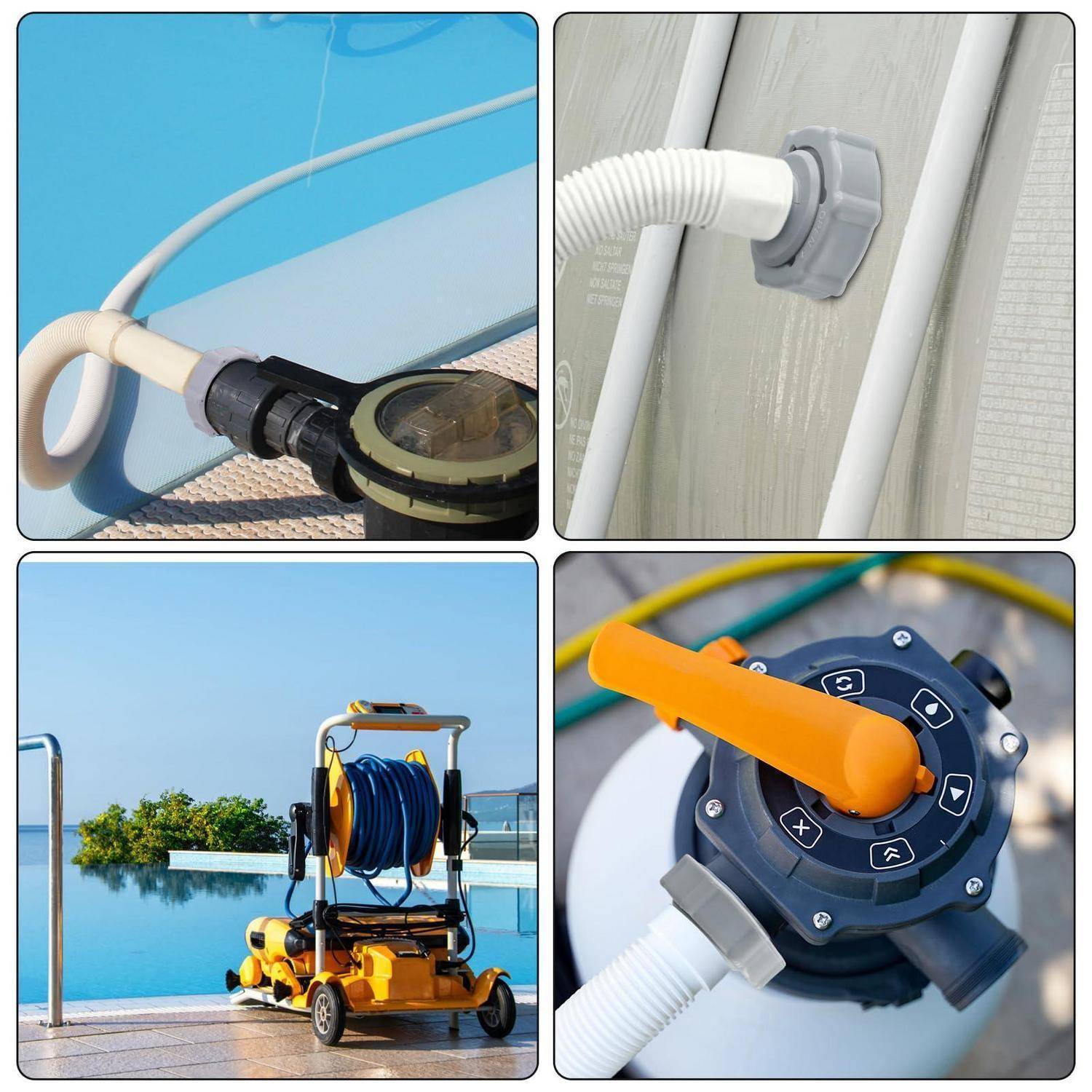 Collage von Poolreinigungsausrüstung: Schlauchverbindungen und eine Schleifenrolle neben einem Schwimmbecken, mit einer Nahaufnahme des Bedienknaufs und der Saugschlauchanbringung.