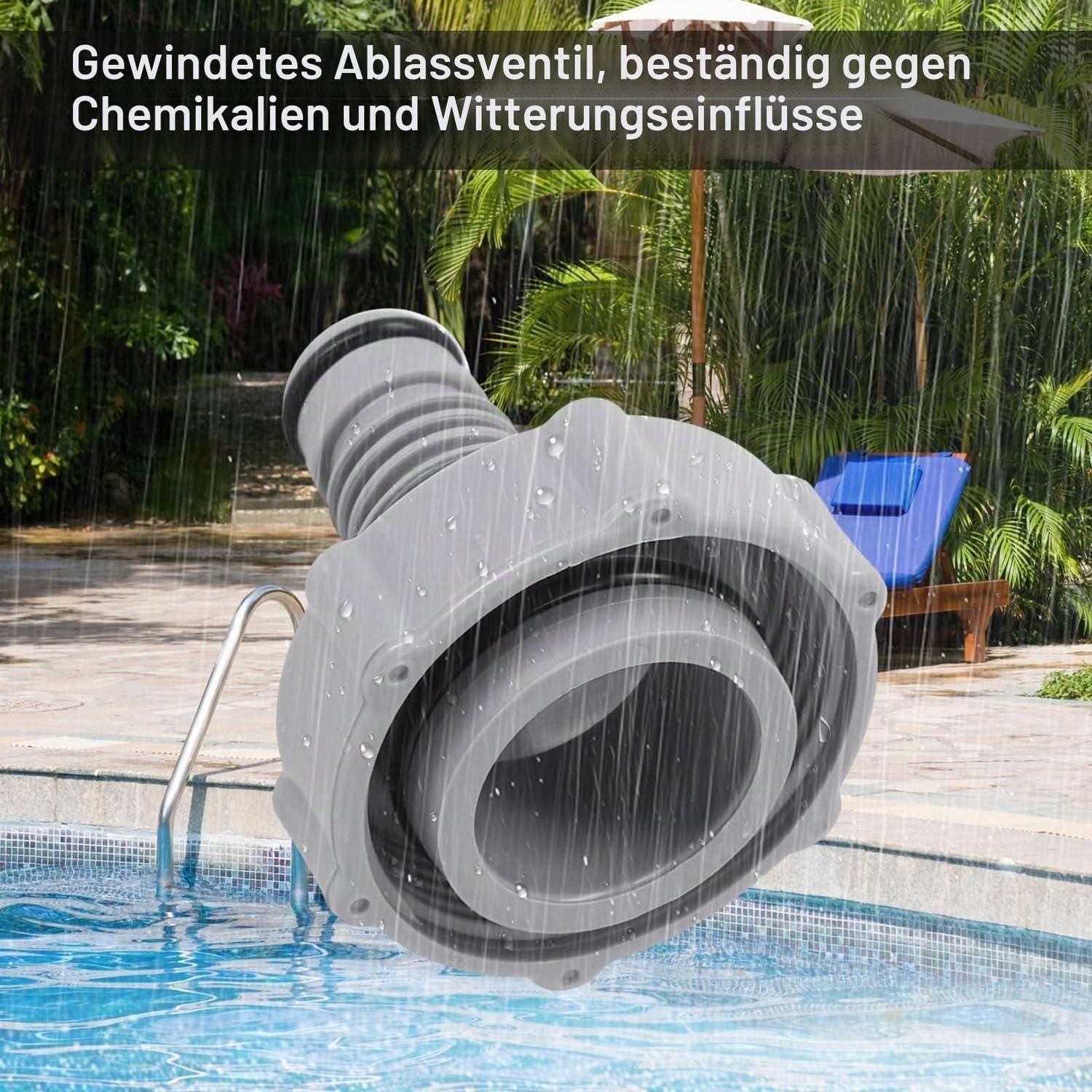 Grauer wetterbeständiger Ventil-/Rohranschluss, über einem Pool bei starkem Regen angezeigt, mit deutschem Text: 'Gewinde ... beständig gegen Chemikalien und Witterungseinflüsse'.