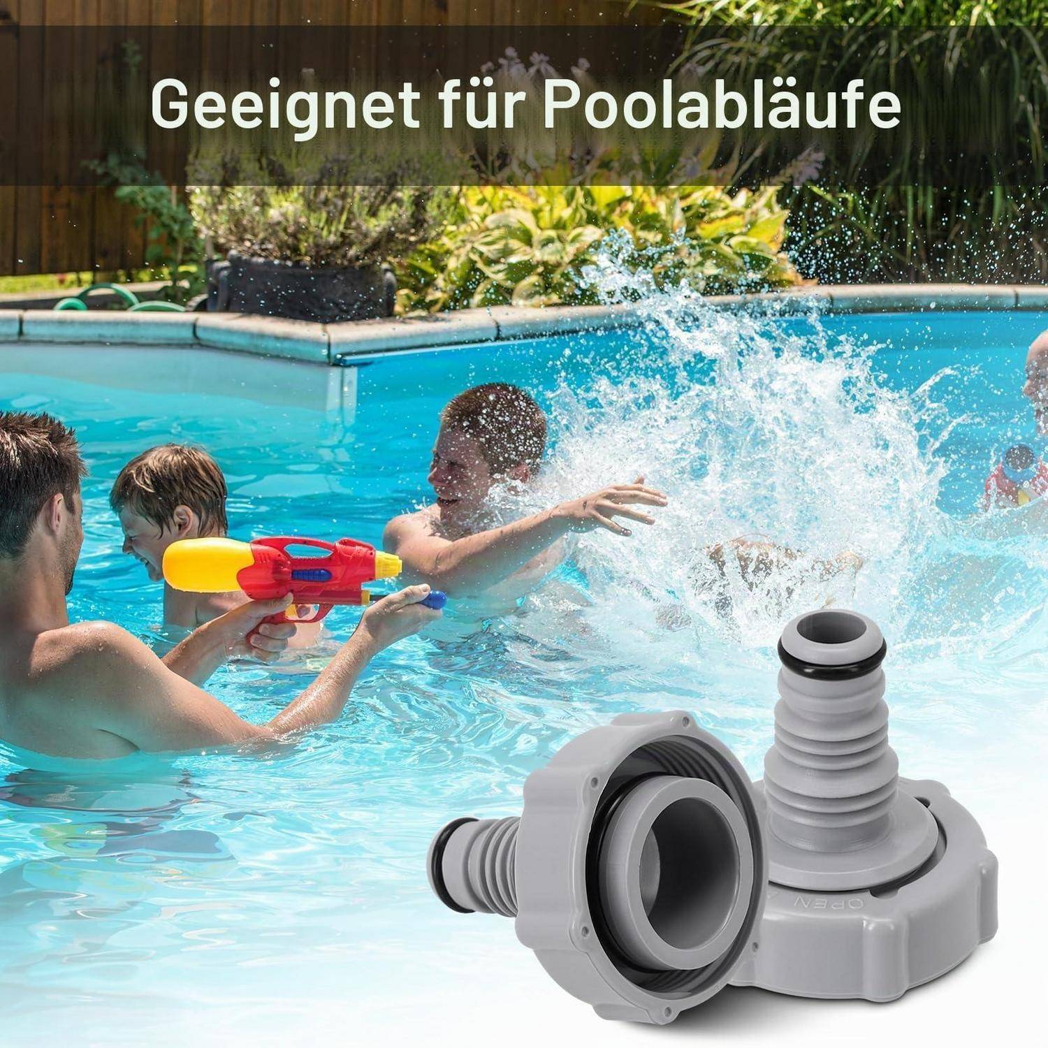 Zwei graue Poolablass-Adapter, die vor Kindern gezeigt werden, die in einem Schwimmbad spielen; der Text besagt „Geeignet für Poolabläufe