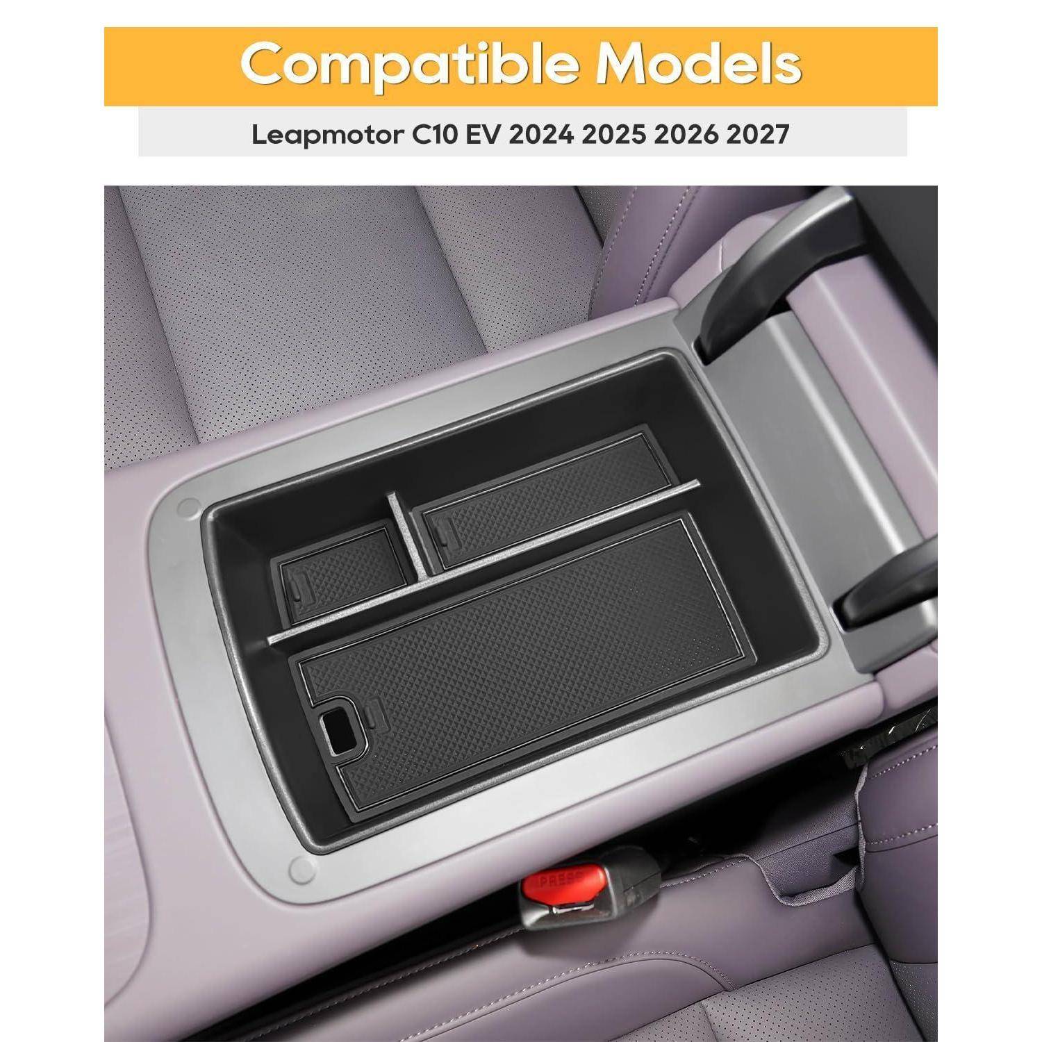 Kompatible Modelle für Leapmotor C10 EV 2024-2027, zeigt ein Mittelkonsolen-Organizer-Tablett mit Fächern in einem Autoinnenraum.