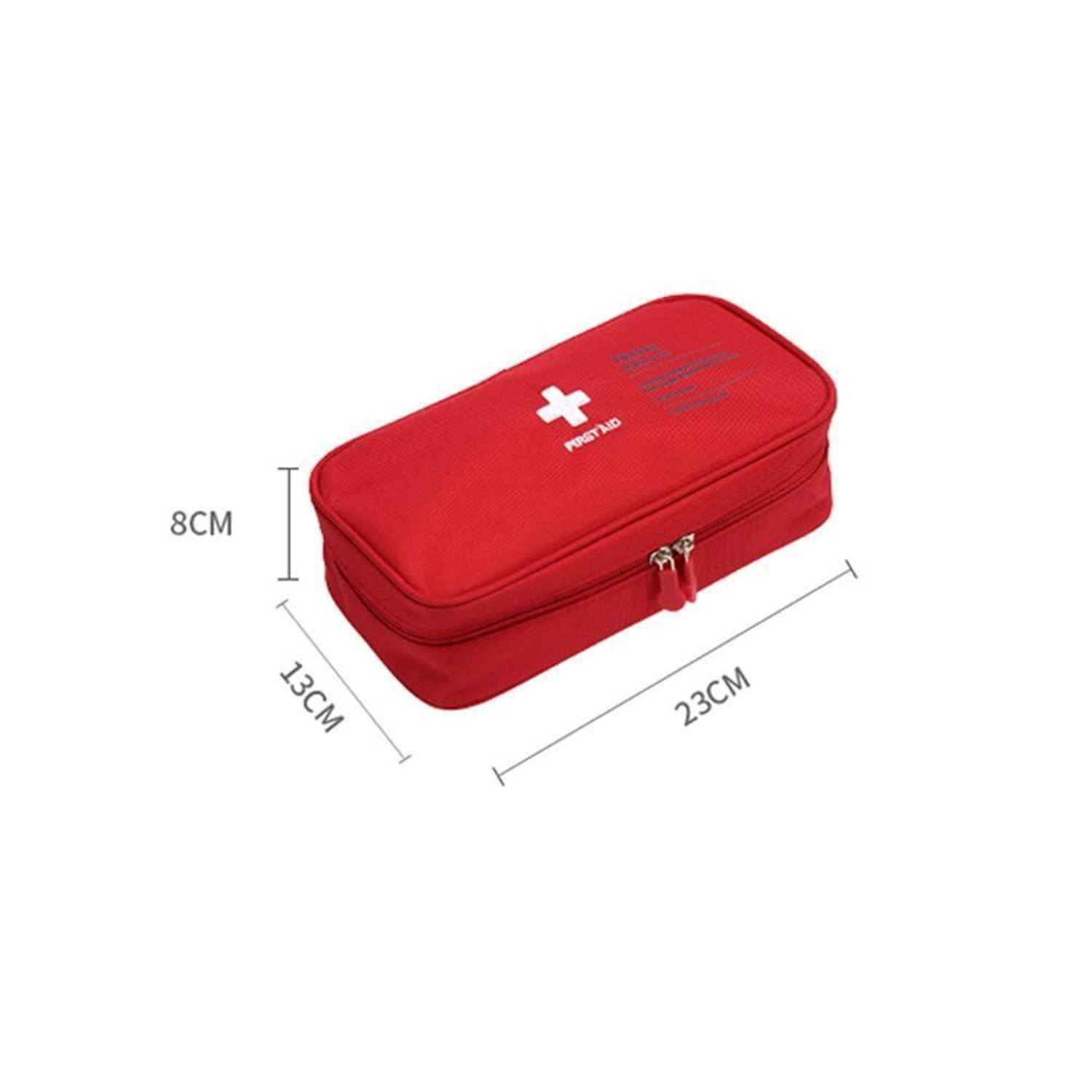 Rote Erste-Hilfe-Tasche mit Reißverschluss und weißem Kreuz, abgebildet mit den Abmessungen 23 cm lang, 13 cm breit und 8 cm hoch.