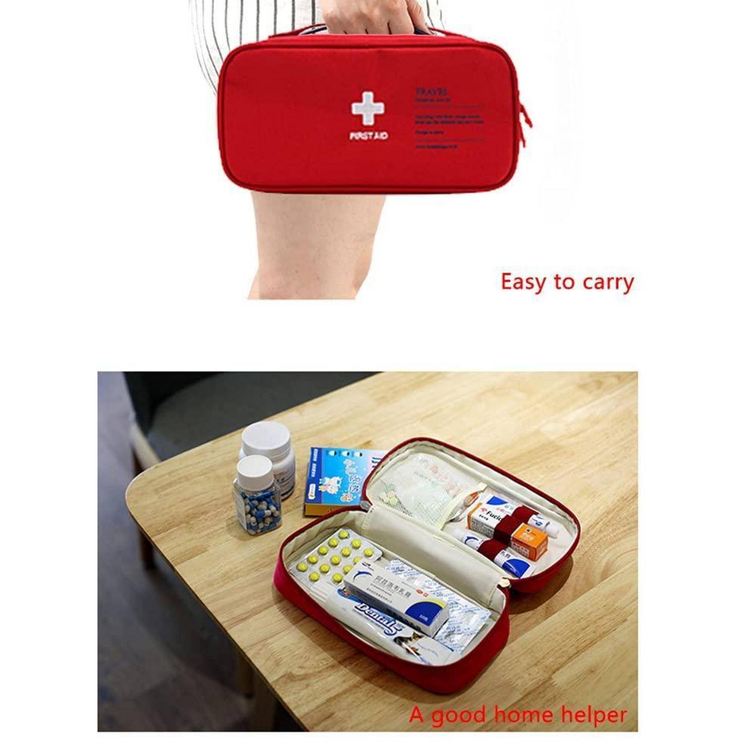 Rote Erste-Hilfe-Tasche mit Griff, tragbar dargestellt und auf einem Tisch offen, mit Medikamenten und Materialien gefüllt, gekennzeichnet mit „Leicht zu tragen" und „Ein guter Haushaltshelfer"".