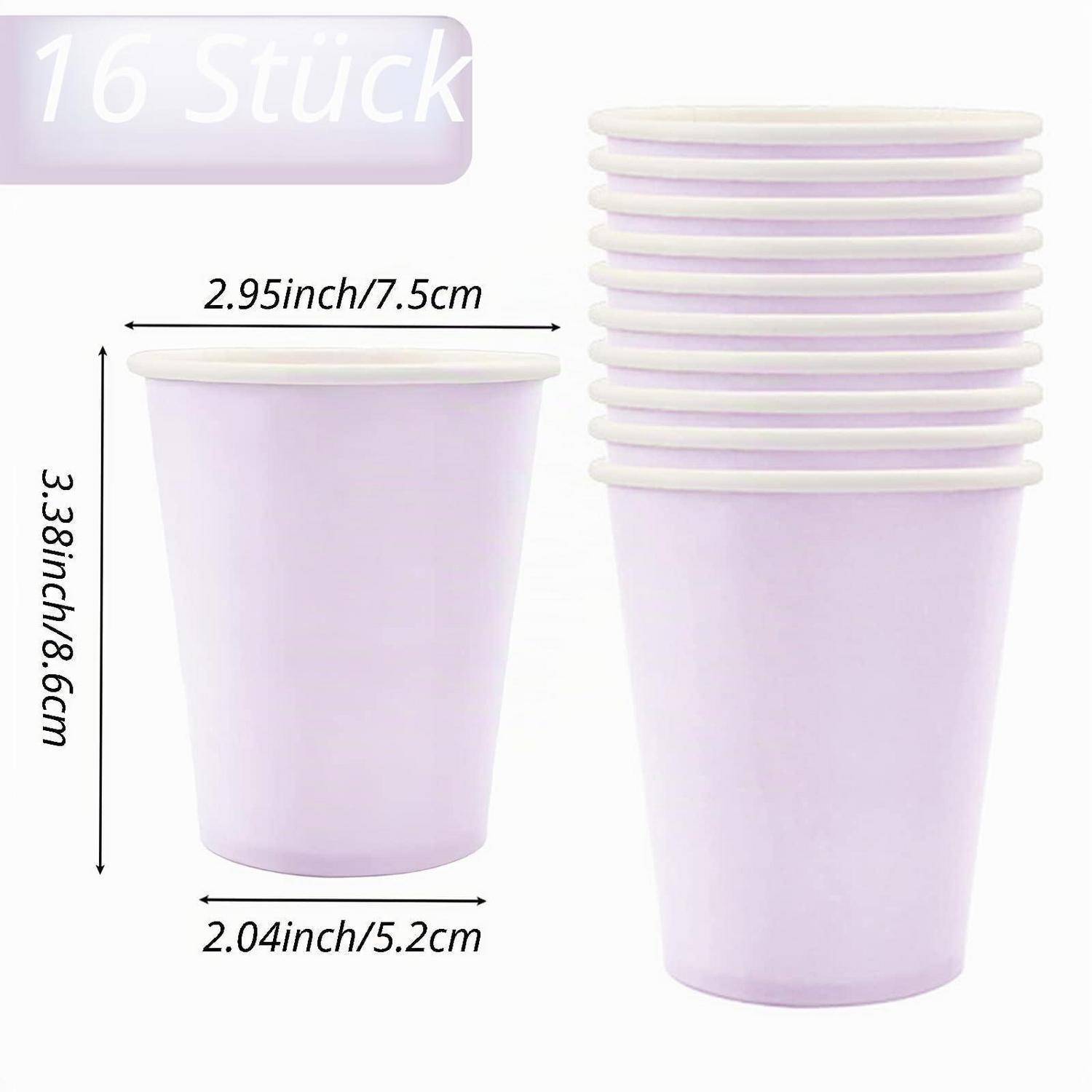 Bild von 16 pastellvioletten Einwegbechern mit Deckeln, zeigt einen Becher und einen gestapelten Satz mit Abmessungen von 3,38 Zoll Höhe und 2,95 Zoll Breite.