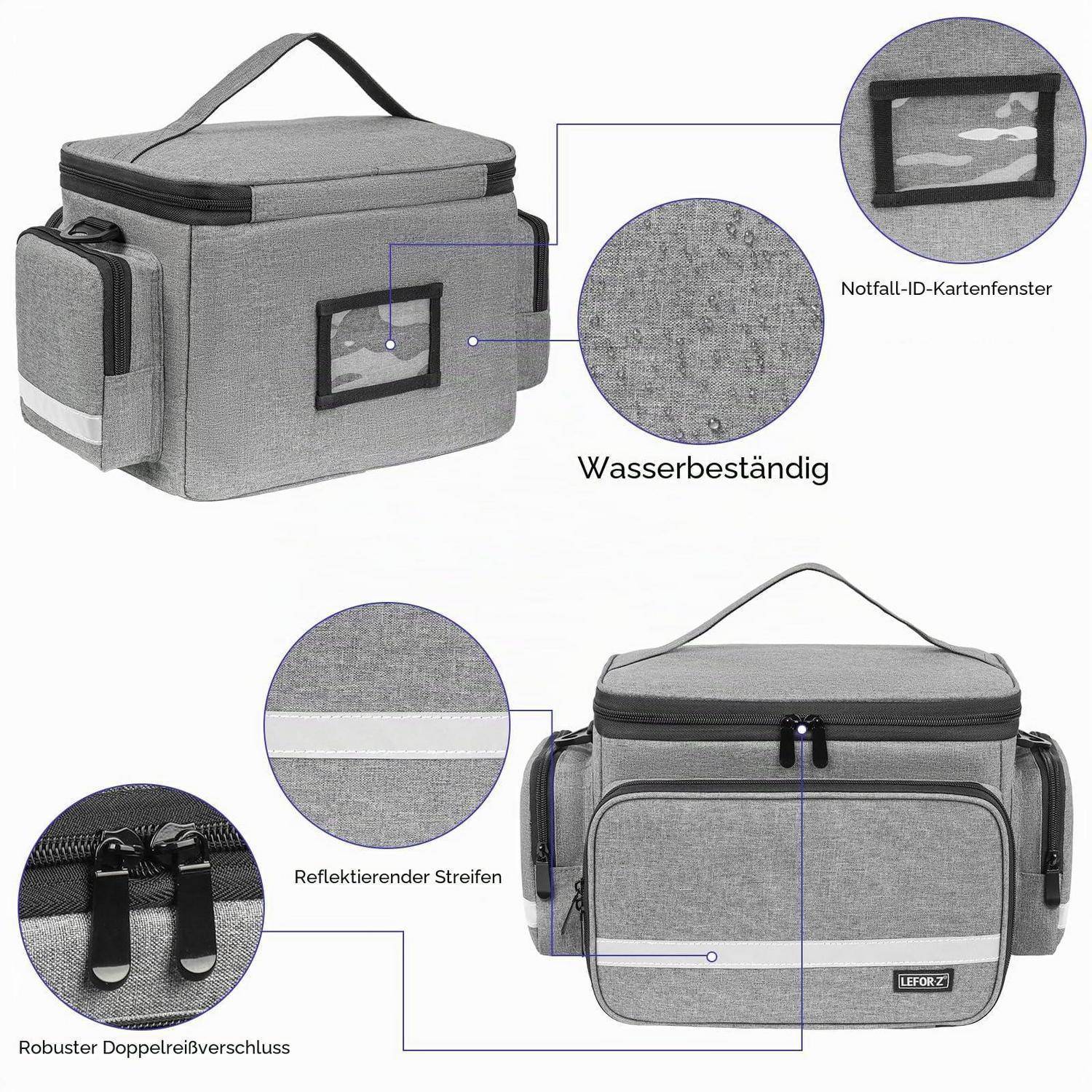 Graue isolierte Kühlertasche mit Griff, Seitentasche, reflektierendem Streifen, Doppelreißverschluss, Notfall-ID-Fenster und wasserdichtem Material mit Beschriftungen.