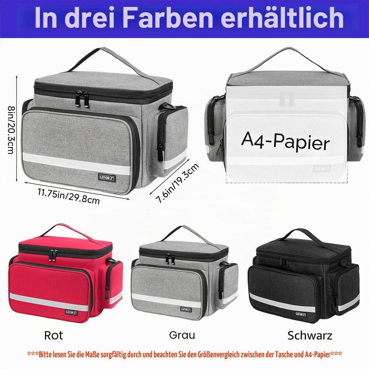 Produktbild einer weichen Kühlbox/Lunchbag in drei Farben erhältlich: rot, grau und schwarz. Zeigt die Größe 11,75 x 7 x 8 Zoll und dass sie A4-Papier passt.