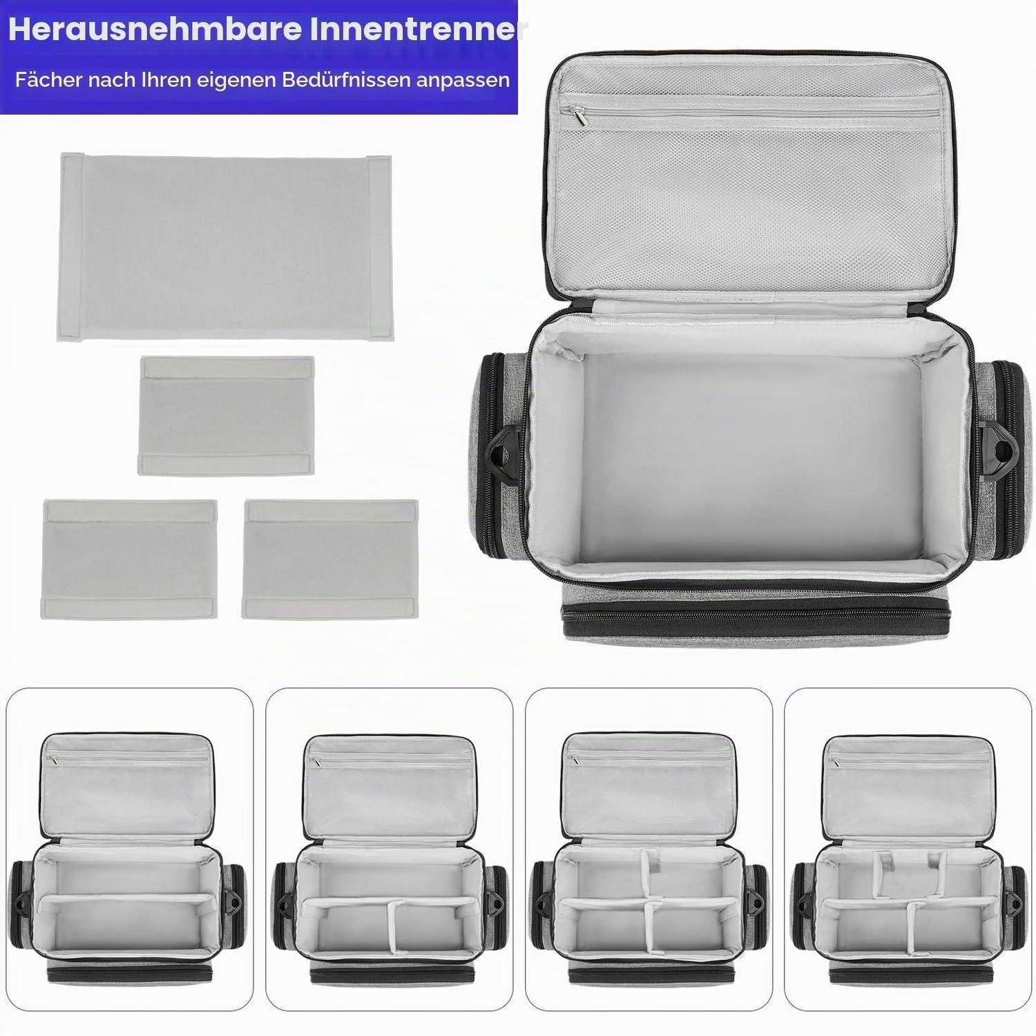 Koffer mit herausnehmbaren Innenteilern in verschiedenen Konfigurationen dargestellt; Text sagt „Herausnehmbare Innentrenne" und „Fächer nach Ihren eigenen Bedürfnissen anpassen"".