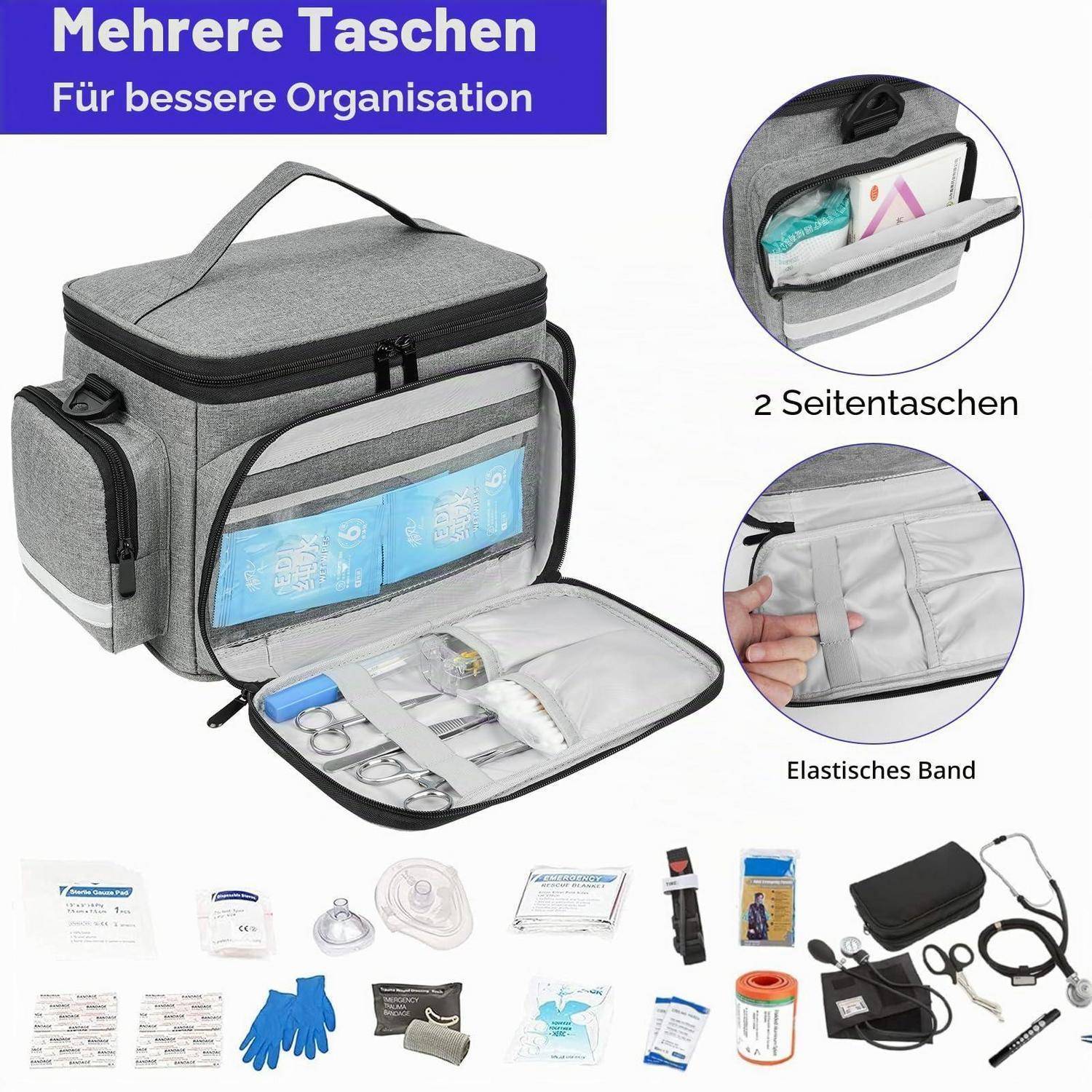 Graue isolierte Arzttasche mit vorderer Reißverschlusstasche und Seitentaschen, gezeigt mit organisierten Vorräten. Deutsche Beschriftungen lesen sich wie folgt: „Mehrere Taschen Für bessere Organisation", „2 Seitentaschen"" und „Elastisches Band"".