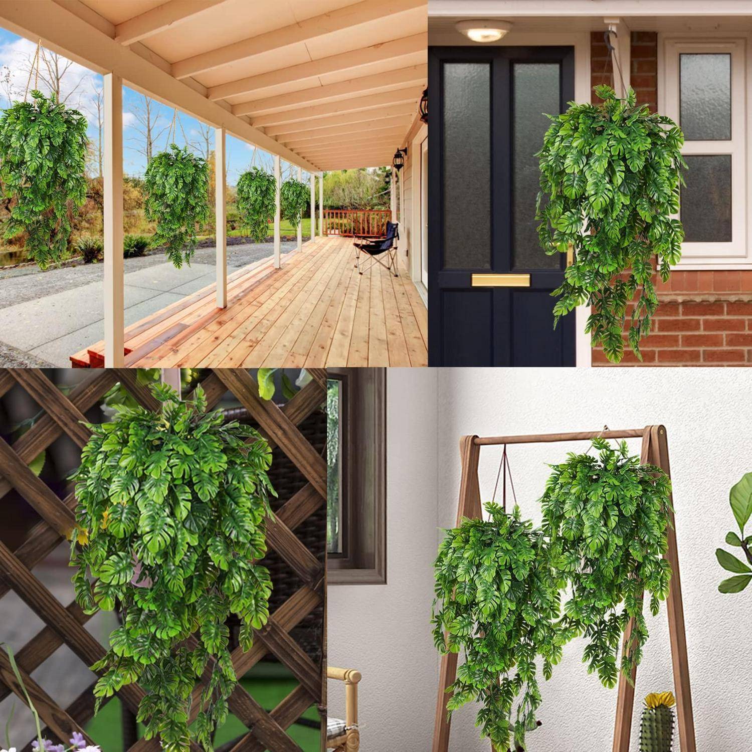 Collage von künstlichen hängenden Grünflanzentöpfen, die auf einer Veranda, neben einer Haustür und drinnen auf einem Holzständer und einer Gitterwand angezeigt werden.