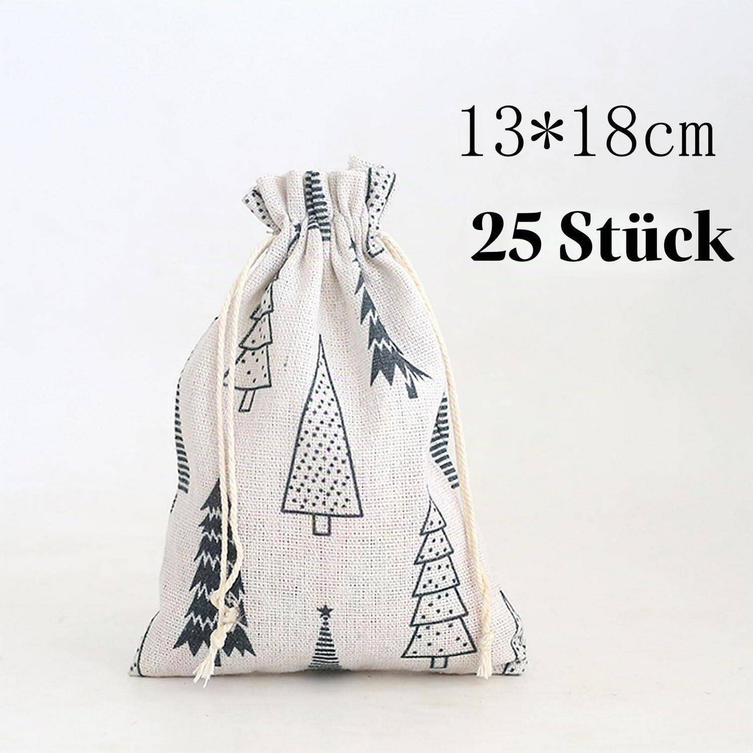 Kleine Geschenktasche mit Kordelzug und Baummuster, beschriftet mit „13*18cm" und „25 Stück"" (25 Stück).