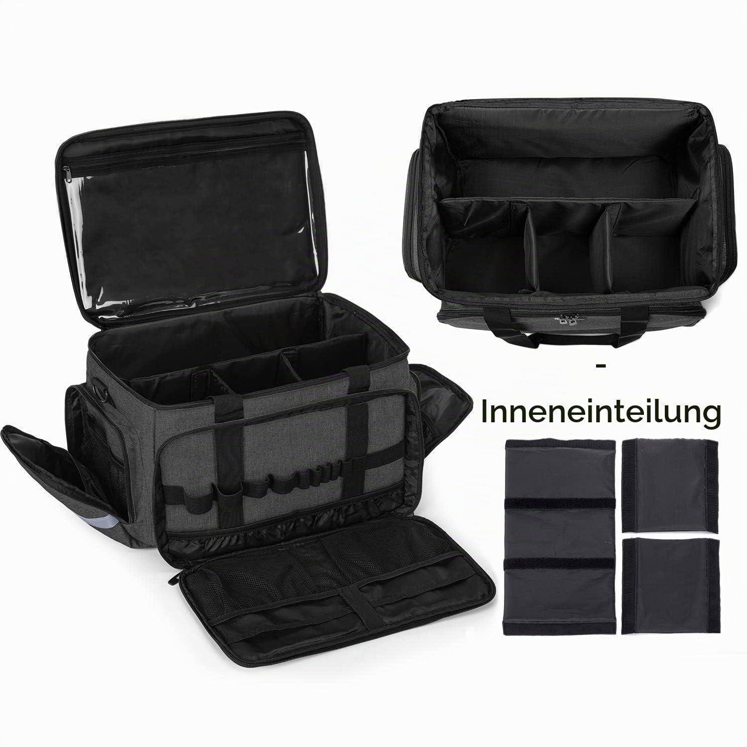 Schwarze isolierte Transporttasche mit offenen Fächern und verstellbaren Innenteilern, plus eine Ansicht des Innenlayouts mit der Bezeichnung "Inneneinteilung"" (Inneneinteilung).