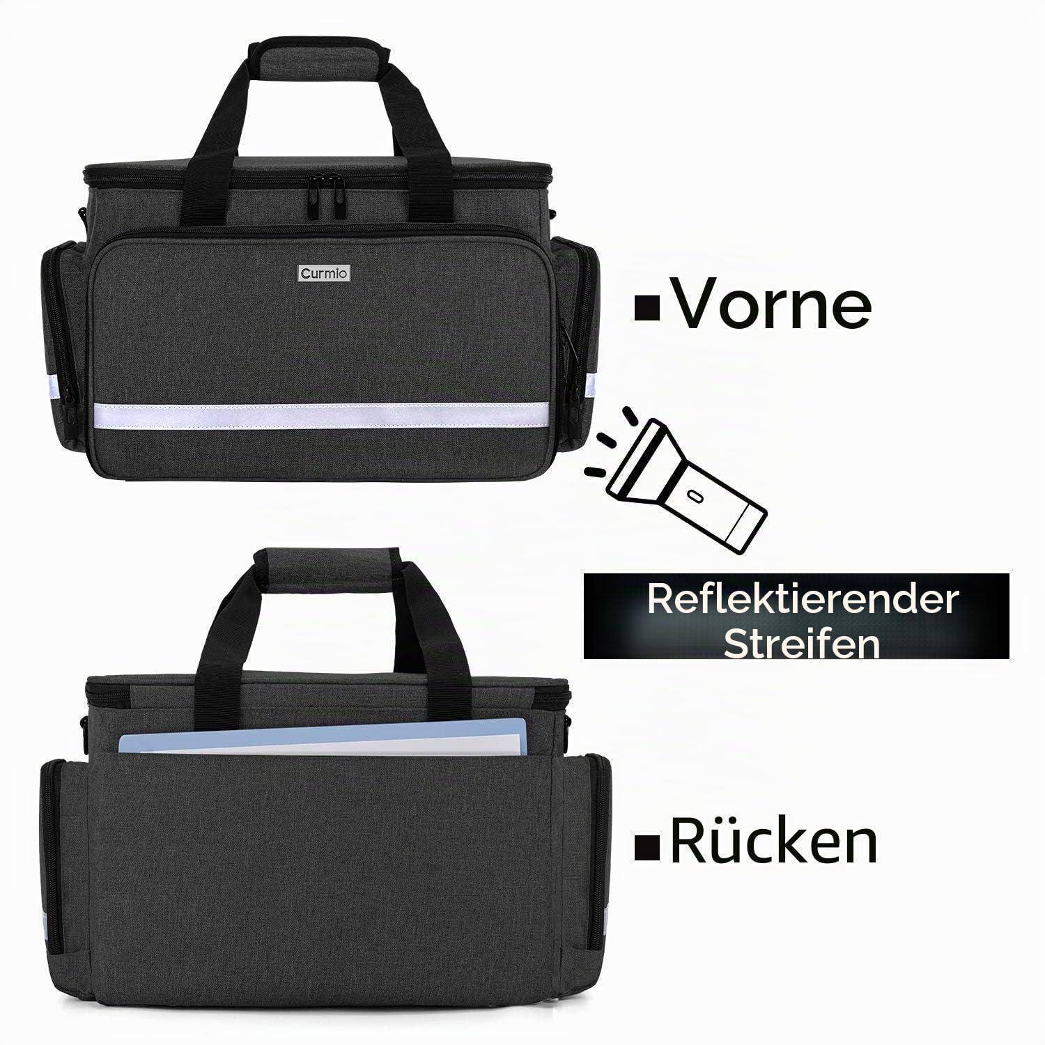 Schwarze isolierte Tasche von vorne und hinten gezeigt, mit einem reflektierenden Streifen auf der Vorderseite mit den deutschen Beschriftungen „Vorne" und „Rücken"".