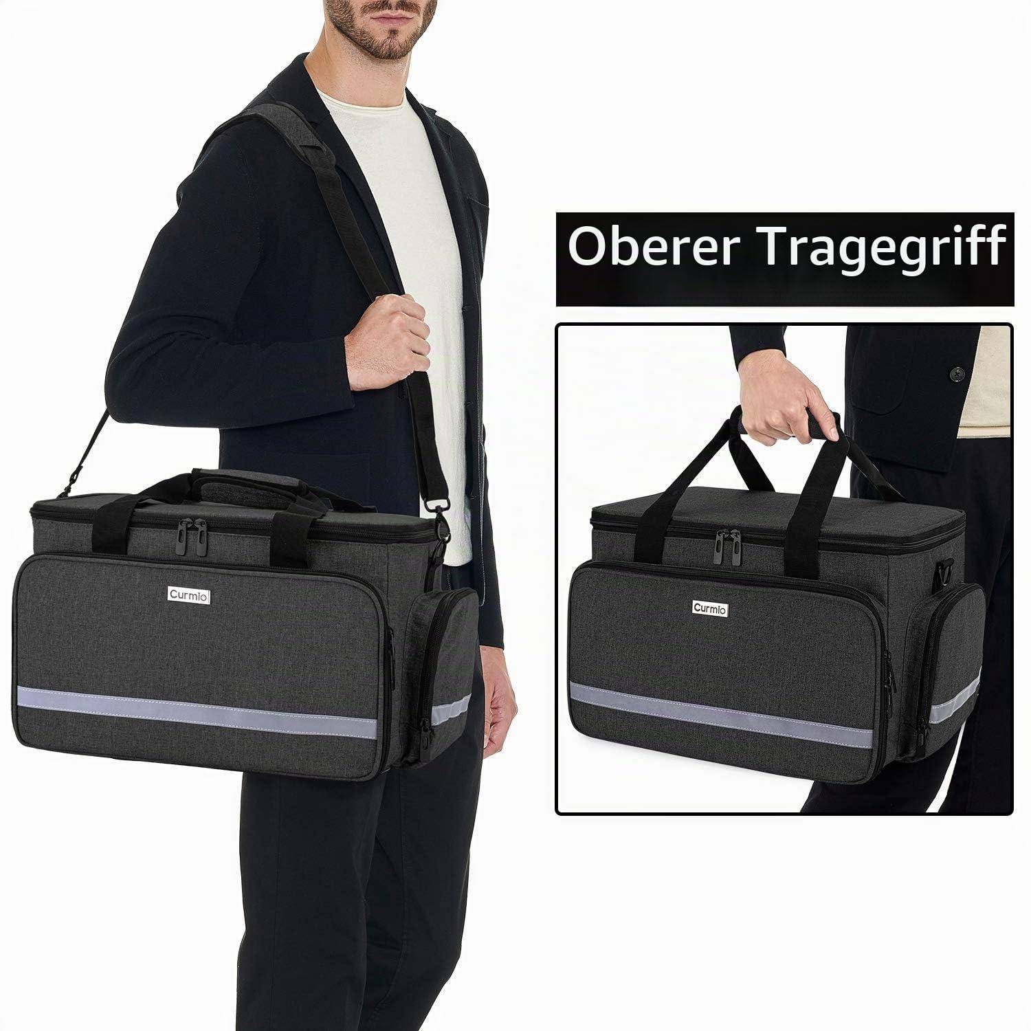 Mann, der eine schwarze isolierte Umhängetasche trägt; die Vergrößerung zeigt den oberen Tragegriff mit der Bezeichnung „Oberer Tragegriff".