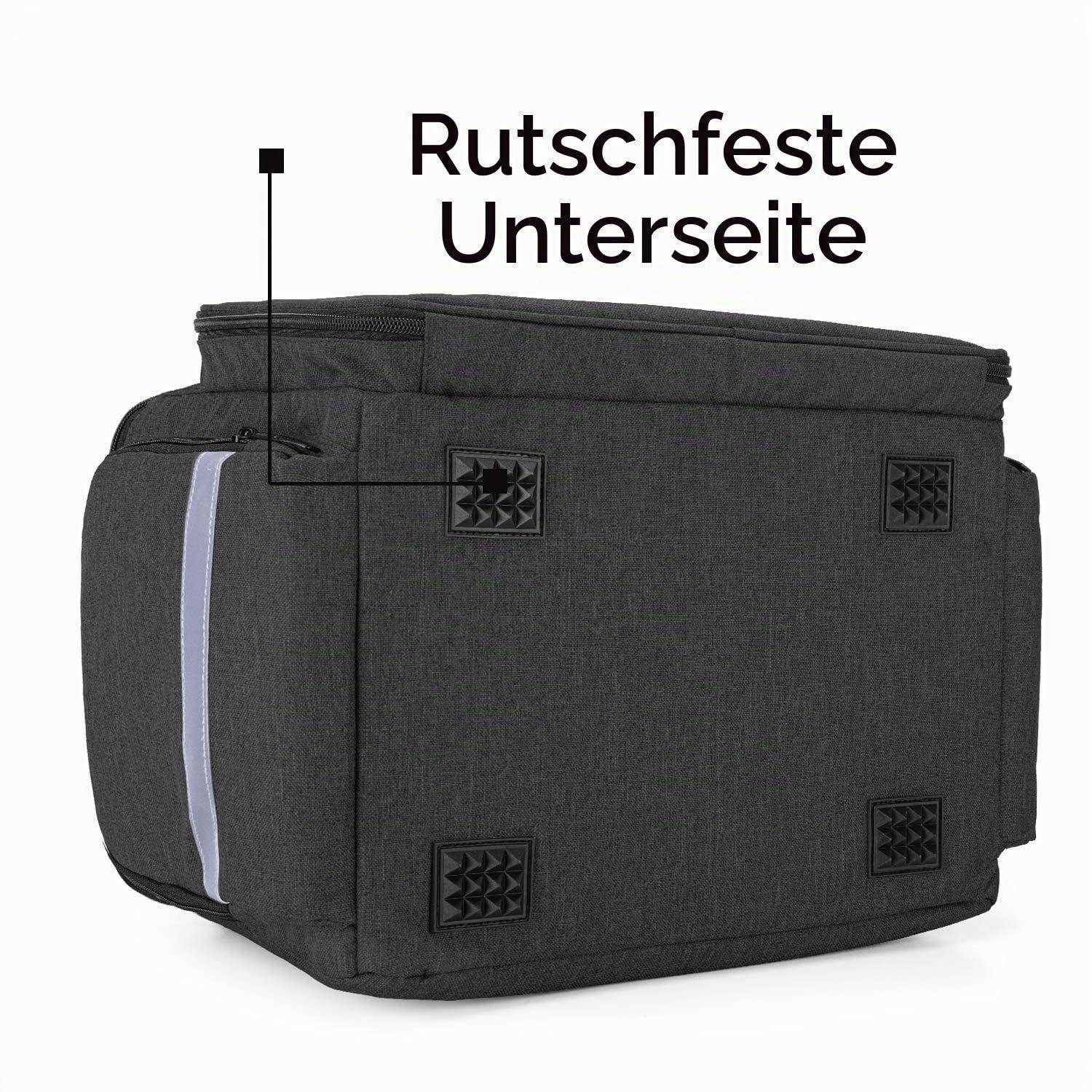 Dunkelgraue Tasche, seitlich abgebildet, mit Beschriftung zur „Rutschfesten Unterseite" oder rutschfestem Untergrund, gekennzeichnet durch vier Griffpolster.