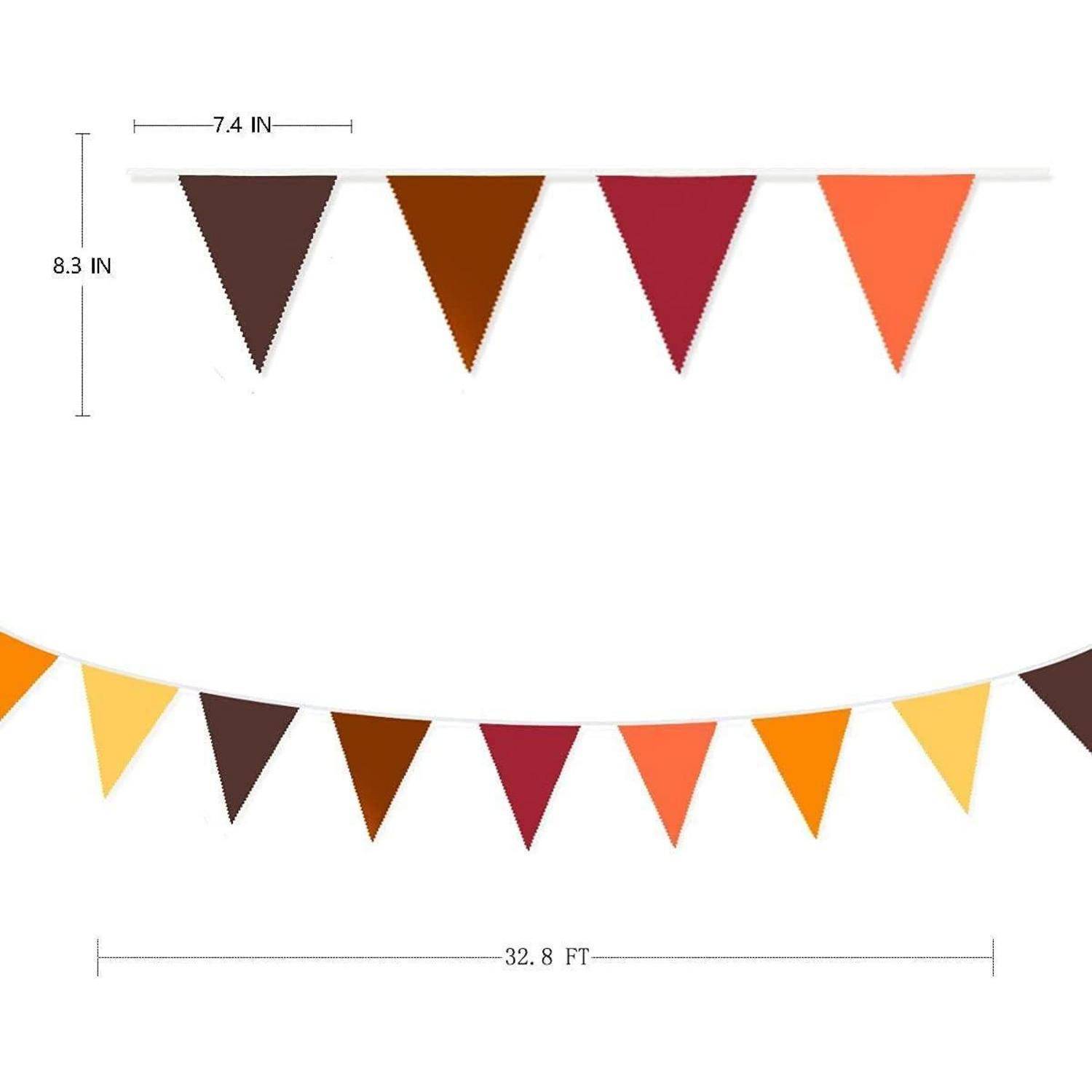 Illustration von zwei Schnüren mit dreieckigen Wimpelfahnen in Braun, Orange, Rot und Gelb, mit gekennzeichneten Abmessungen von 7,4 Zoll, 8,3 Zoll und 32,8 Fuß.
