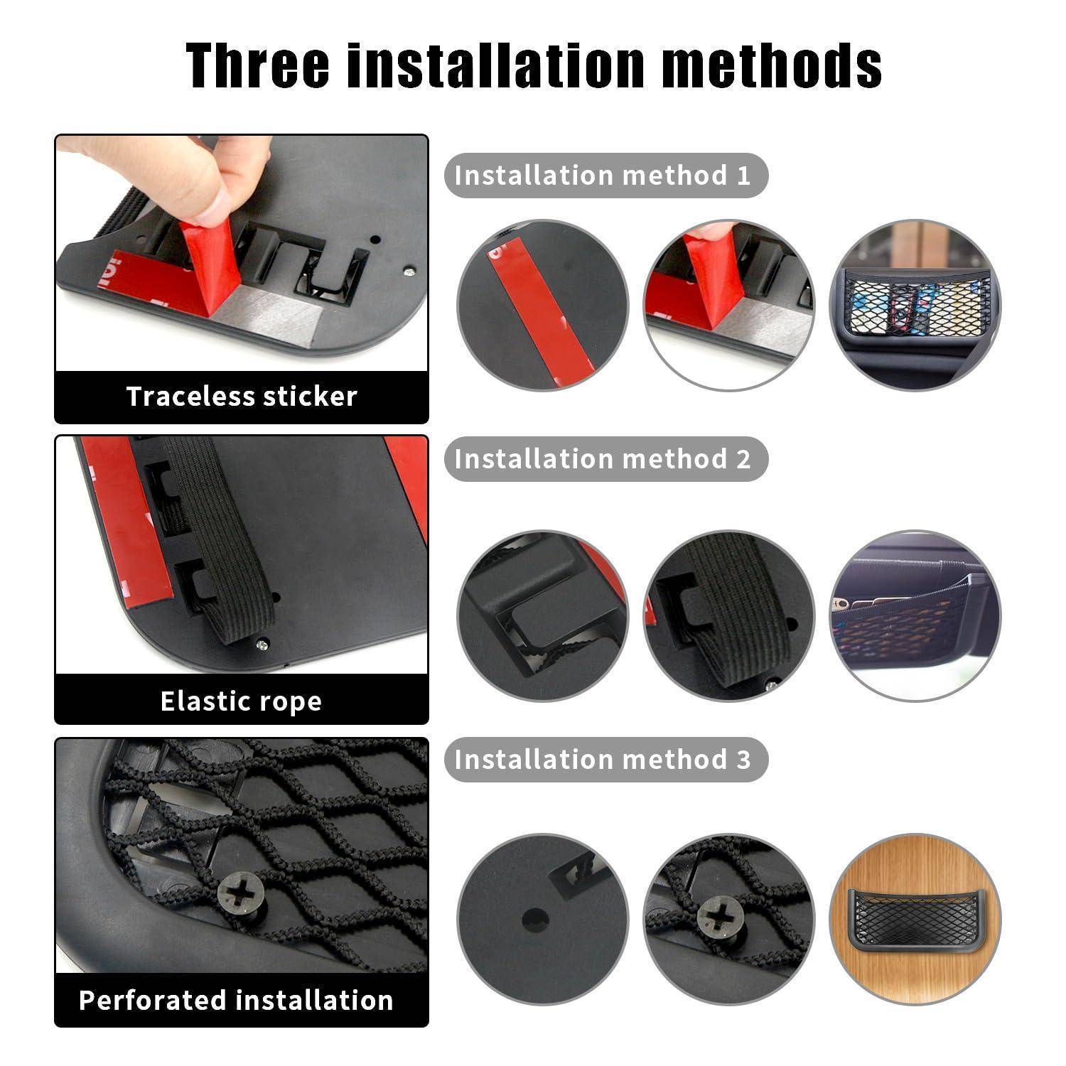 Installationsgrafik zeigt drei Installationsmethoden für ein Autogepäcknetz: spuerloses Klebeband, elastisches Seil und perforierte Installation, mit Nahaufnahmen von Beispielschritten und abgeschlossenen Befestigungen.