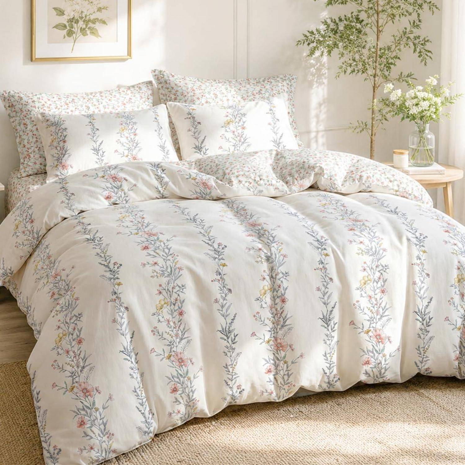 Bettwäscheset mit Blumenmuster in Weiß auf einem ordentlich gemachten Bett in einem hellen Schlafzimmer, mit Kissen, Steppdecke und Nachttischdekoration.